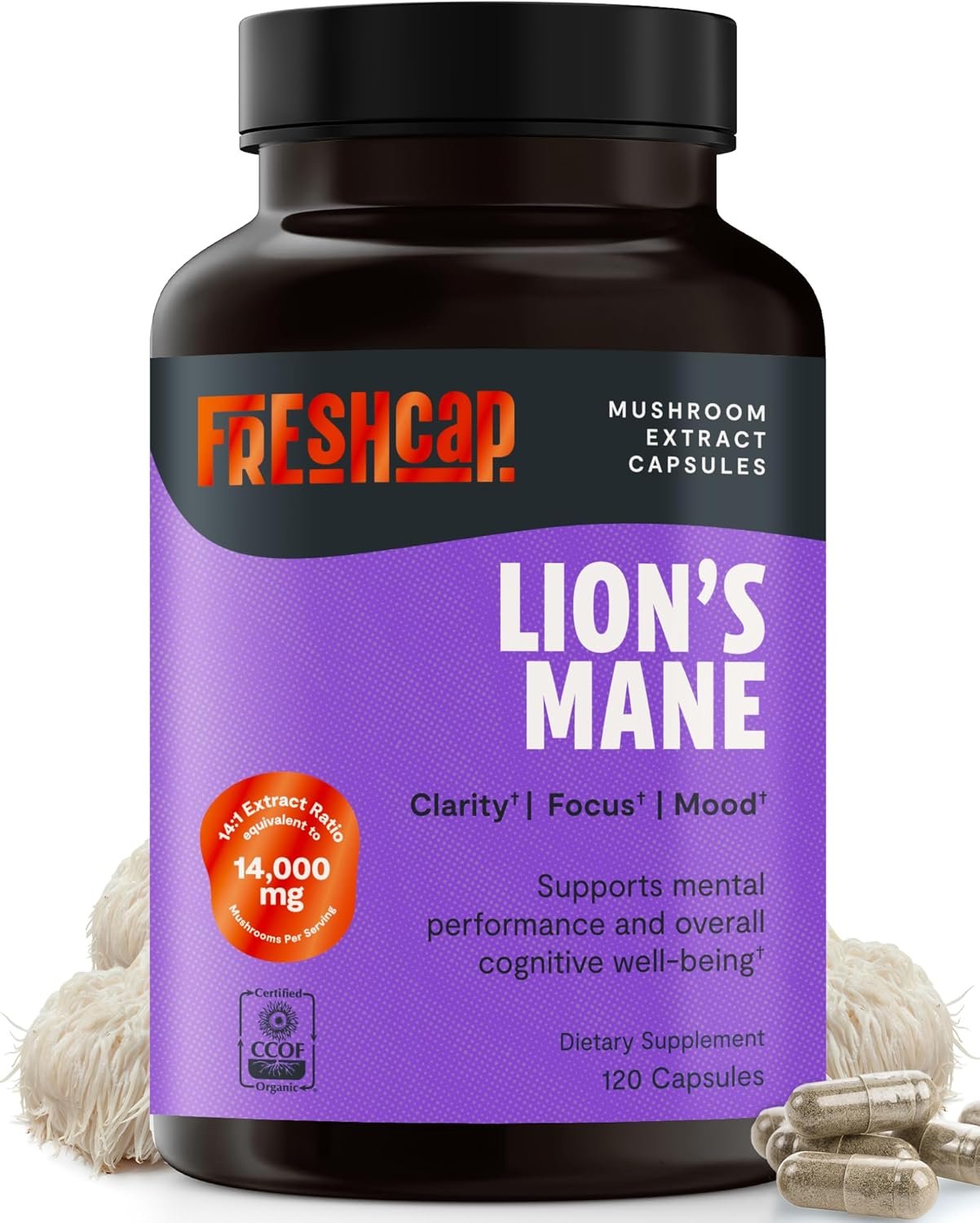FreshCap Mushrooms Premium Organic Lions Mane Capsules – 14:1 Fruiting Body Extract with 31% Beta-Glucans – 3rd-Party Tested Nootropic for Clarity, Focus & Cognitive Support (120 Capsules)