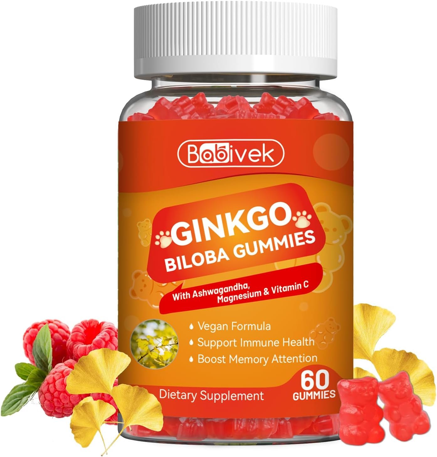 Ginkgo Biloba Gummies with Ashwagandha, Vitamin C & Magnesium – Vegan, Non-GMO, Gluten-Free – Raspberry Flavor, 60 Count