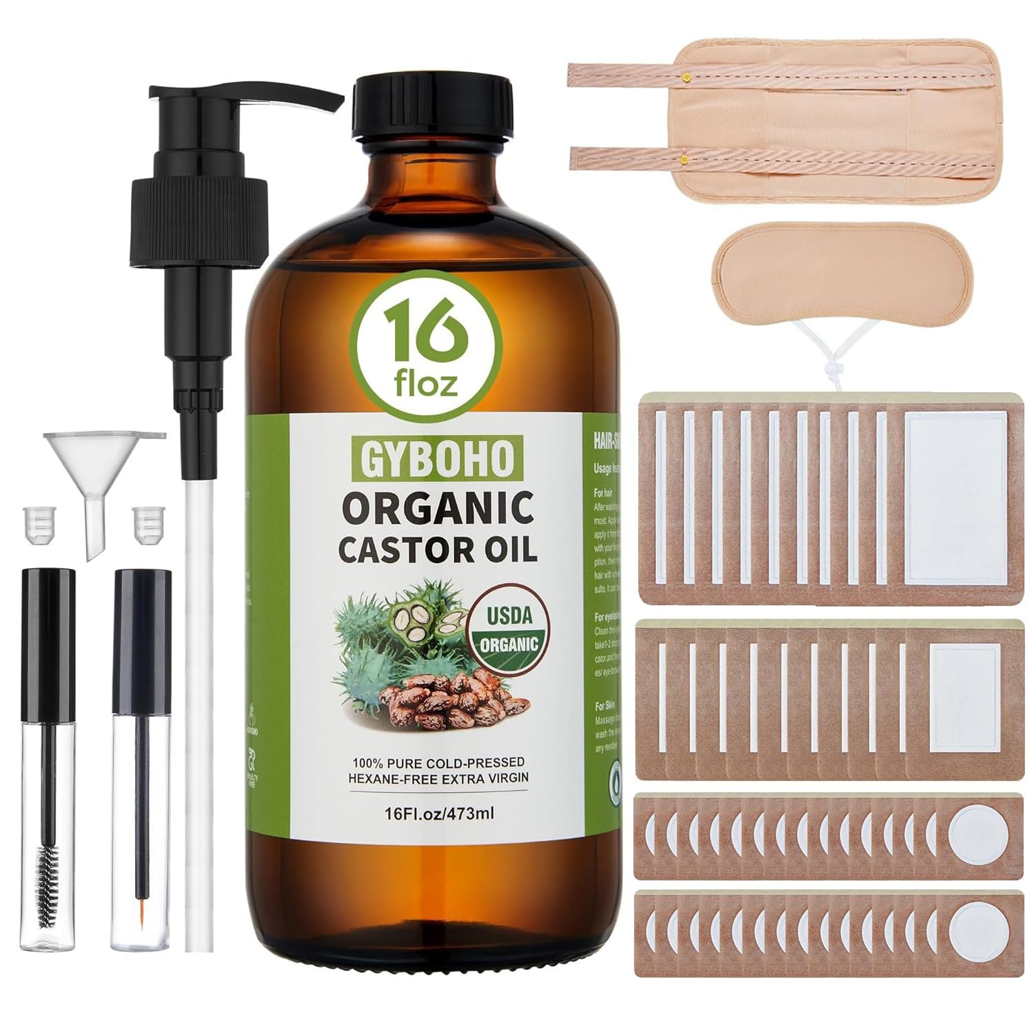 Castor Oil Pack Wrap Reusable with 16 fl.oz Organic Cold Pressed Unrefined Castor Oil and Disposable Castor Oil Patches for Belly Button, Stomach, Back, Neck, Foot, Knee