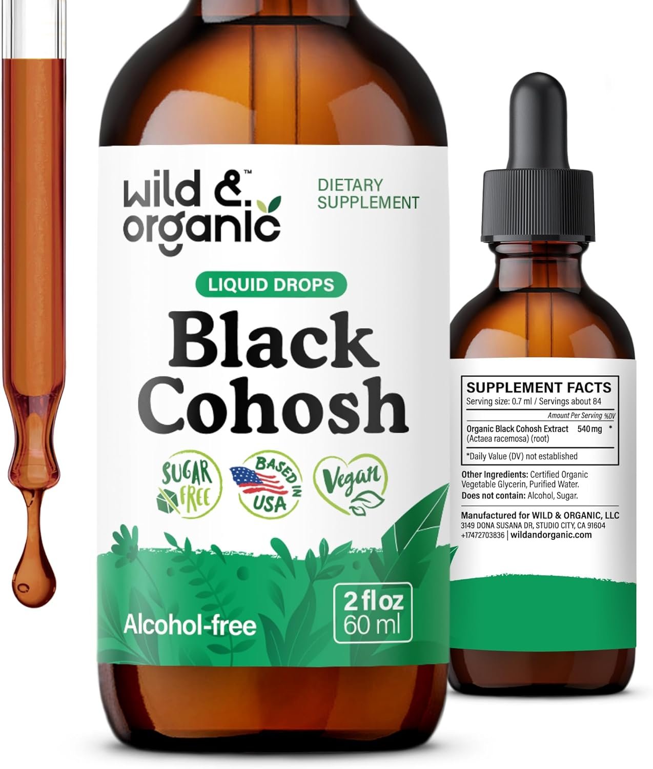 Wild & Organic Black Cohosh Supplements Women – Menopause & Perimenopause Support – 540 mg Natural Black Cohosh Tincture – Add to Tea Liquid Drops – 2-Month Supply – Vegan, Sugar & Alcohol-Free – 2 oz