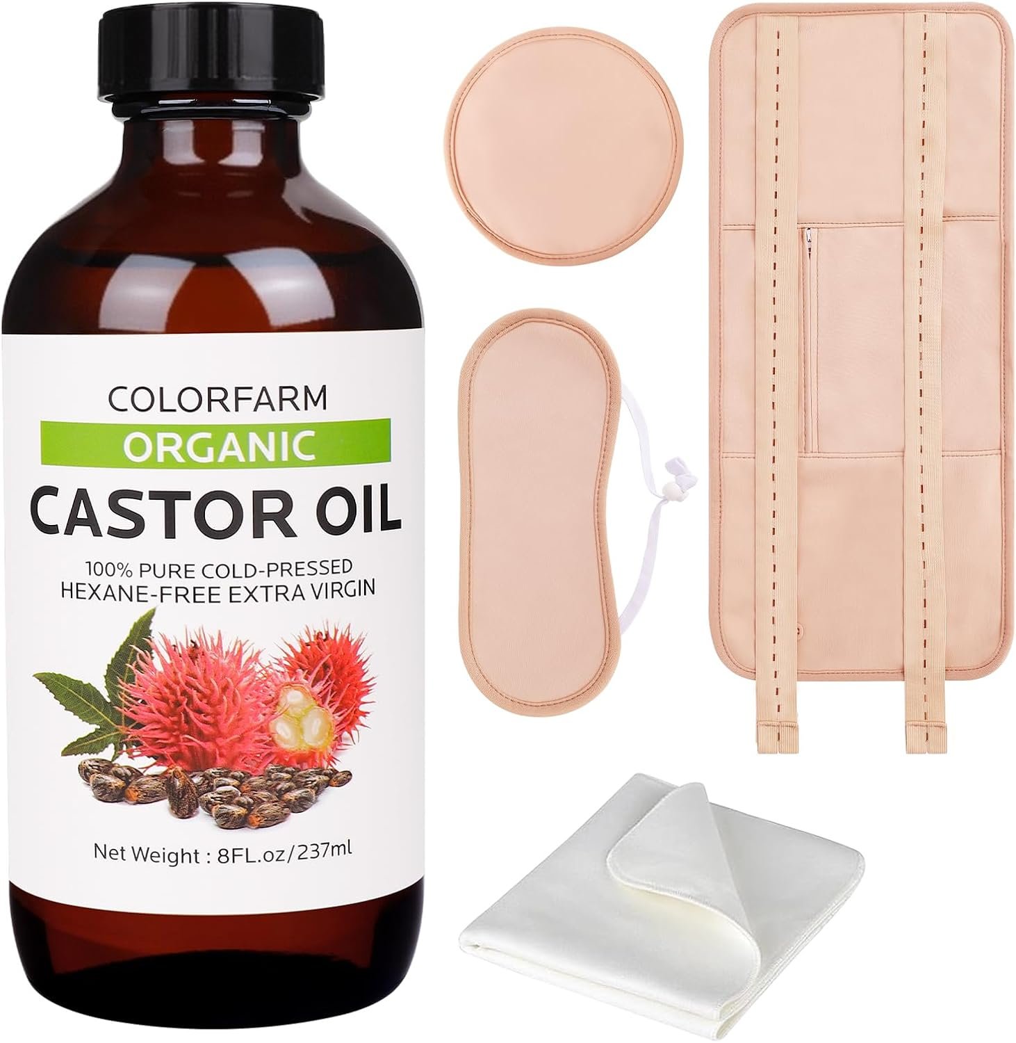 6 Pcs Castor Oil Pack Wrap: Organic Cold Pressed Castor Oil 8Fl Oz with Reusable Pads – Adjustable Elastic Straps Pack Wraps for Stomach Liver Neck