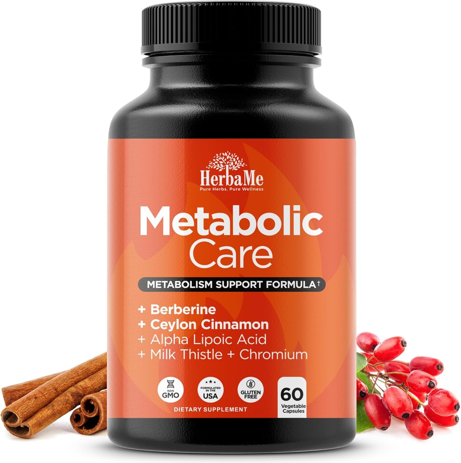 HerbaMe Berberine Supplement with Ceylon Cinnamon, Chromium, Alpha Lipoic Acid, Metabolic Care Supports Metabolism & Cardiovascular Health and Immune System, Helps Maintain Steady Energy Levels