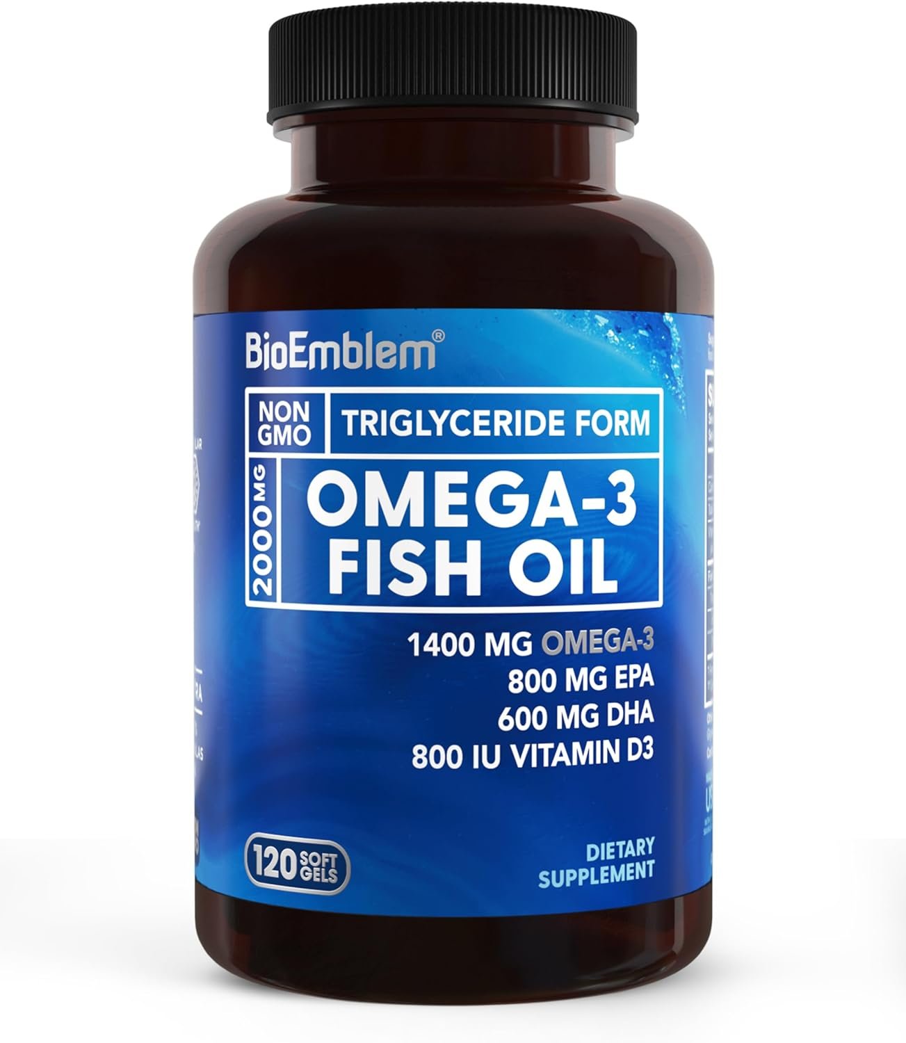 BioEmblem Omega-3 Fish Oil 2000mg – Small Size Softgels, High Absorption Form, Sustainable – 1400mg EPA &DHA Plus Vitamin D3, Non-GMO, Heart, Joint, & Brain Health Fish Oil Supplement, 120 Ct