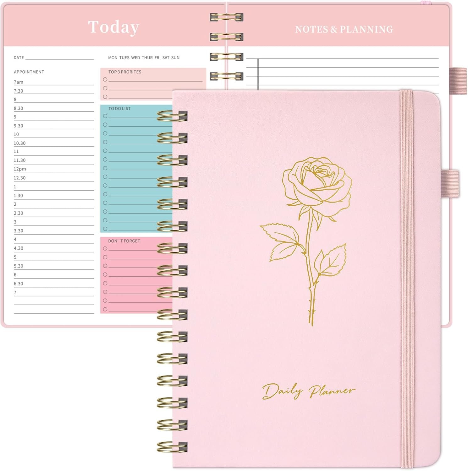 Oucaru Undated Daily Planner, A5 Spiral Notebook with Hourly Schedule, To Do List, Priorities, and Notes for Productivity – Easily Organize Your Tasks, Appointments & Goals for Women