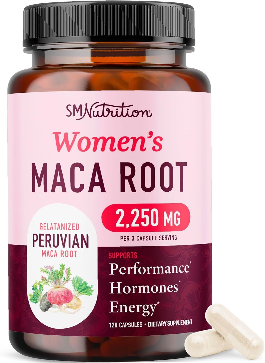 Organic Maca Root Capsules for Women | Peruvian Maca 2250MG Extra Strength | Red, Black & Yellow Root Powder with Black Pepper | Herbal Supplement to Support Energy & Hormone Balance | 120 Ct