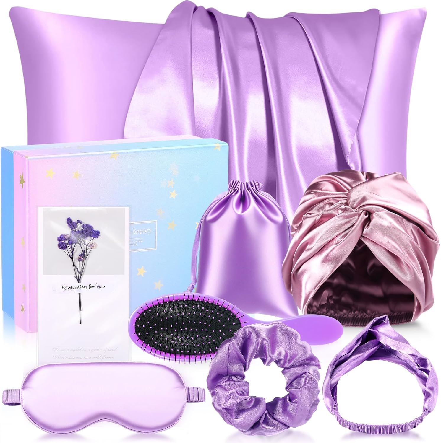 Tiamon Satin Pillowcase Gift Set for Hair Care 8 Pcs Spa Accessories Include Silk Pillowcases Eye Mask Hairband Scrunchies Sleeping Cap Comb for Mother’s Day Women Wife Birthday Teacher Gifts(Purple)