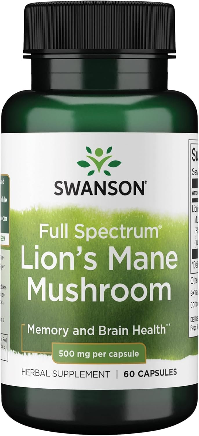 Swanson Lion’s Mane Mushroom Brain Health Supplement for Professionals Seeking Mental Focus, Memory, and Clarity Support – 500 mg (60 Vegan Capsules, 4 Bottles)