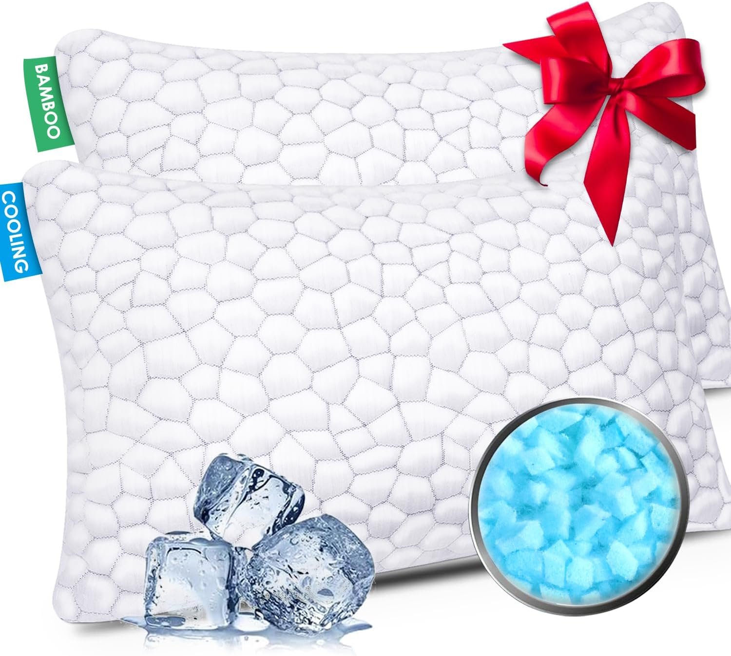Cooling Pillow Queen Size Set of 2, CertiPUR-US Shredded Memory Foam Pillows for Sleeping, Cool Bed Pillows for Hot Sleepers, Adjustable Firm Pillow for Side,Back,Stomach Sleepers,Sleep Gift for Mom