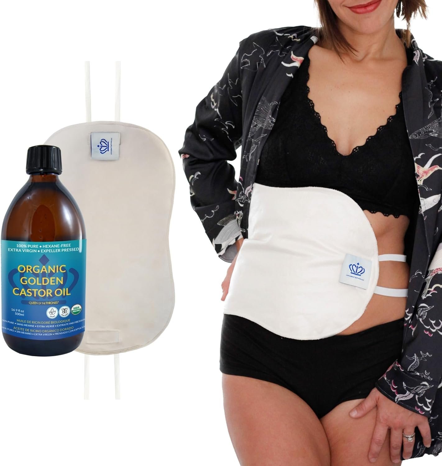 QUEEN OF THE THRONES Castor Oil Pack for Liver Kit – Heatless, Less-Mess, Reusable – Organic Cotton Flannel, Comfort Fit, Soft Straps & Naturopathic Doctor Designed (16.9 oz Castor Oil Included)