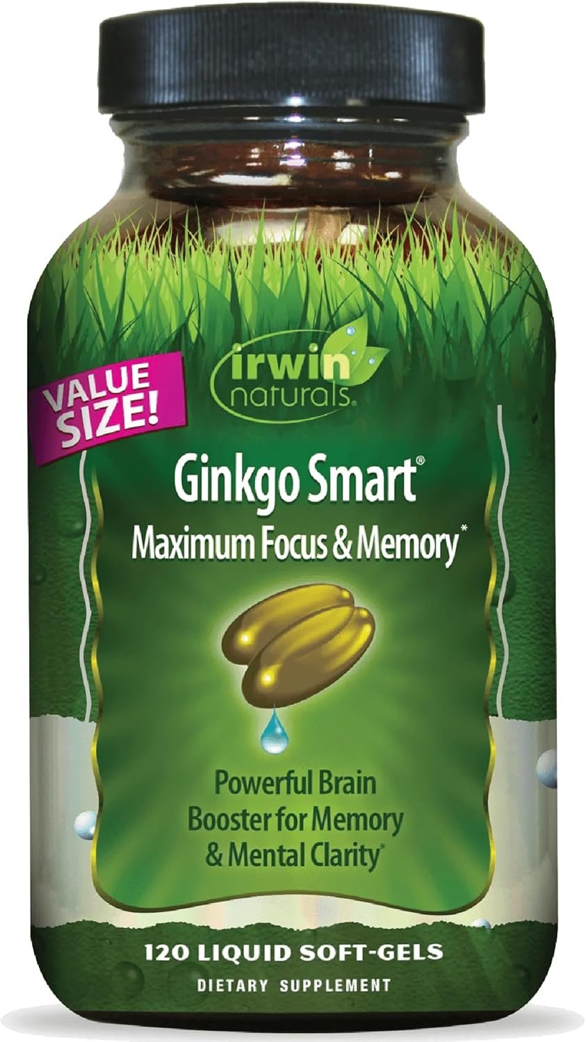Irwin Naturals Ginkgo Smart – Brain Supplements for Memory and Focus with Ginkgo Biloba, Acetyl-L-Carnitine, DMAE and BioPerine® for Superior Absorption – 120 Liquid Soft-Gels