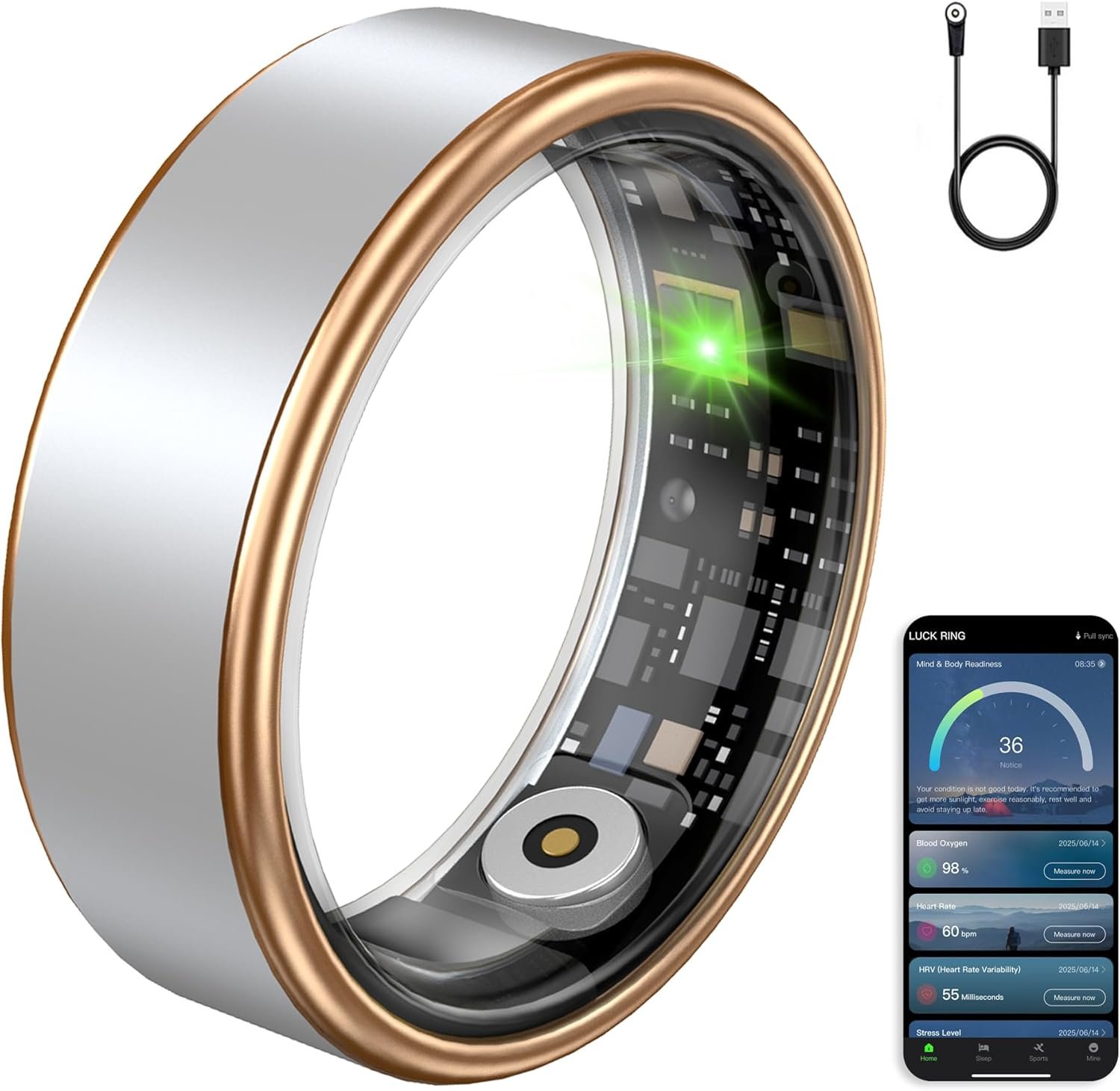 Smart Ring Fitness Tracker Ring for Women & Men, Sleep/Step/Blood Oxygen/Heart Rate Monitor, Long-Lasting Battery Sleep Ring, No Subscription Fee, Compatible with Android & iOS (Matte Silver, #7)