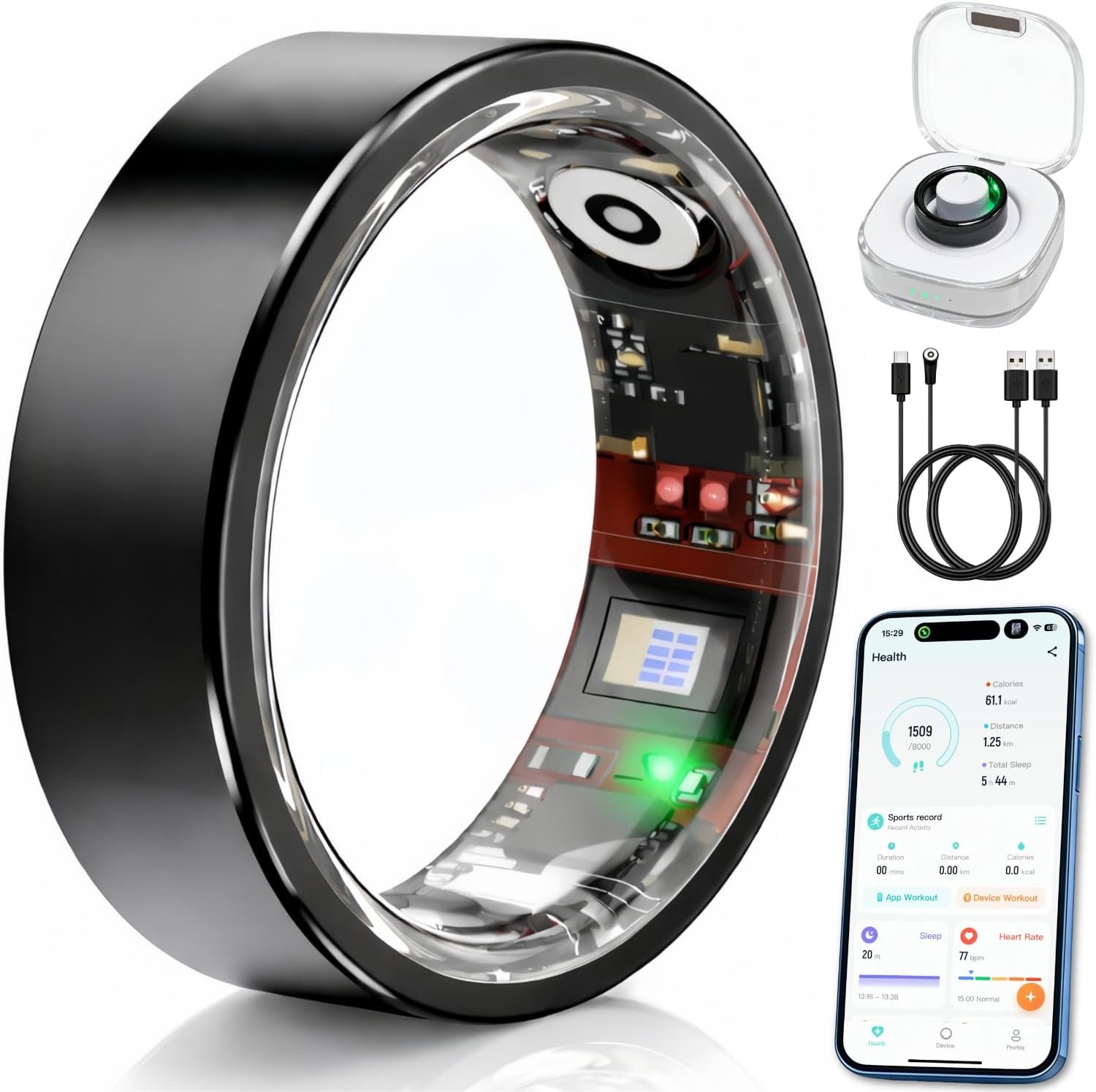 Smart Ring Health & Fitness Tracker for Men & Women – Sleep, Heart Rate & SpO₂ Monitoring, Stress & Activity Tracking, Women’s Health Support, 180+ Sports Modes, IP68 Waterproof, No Subscription Fee