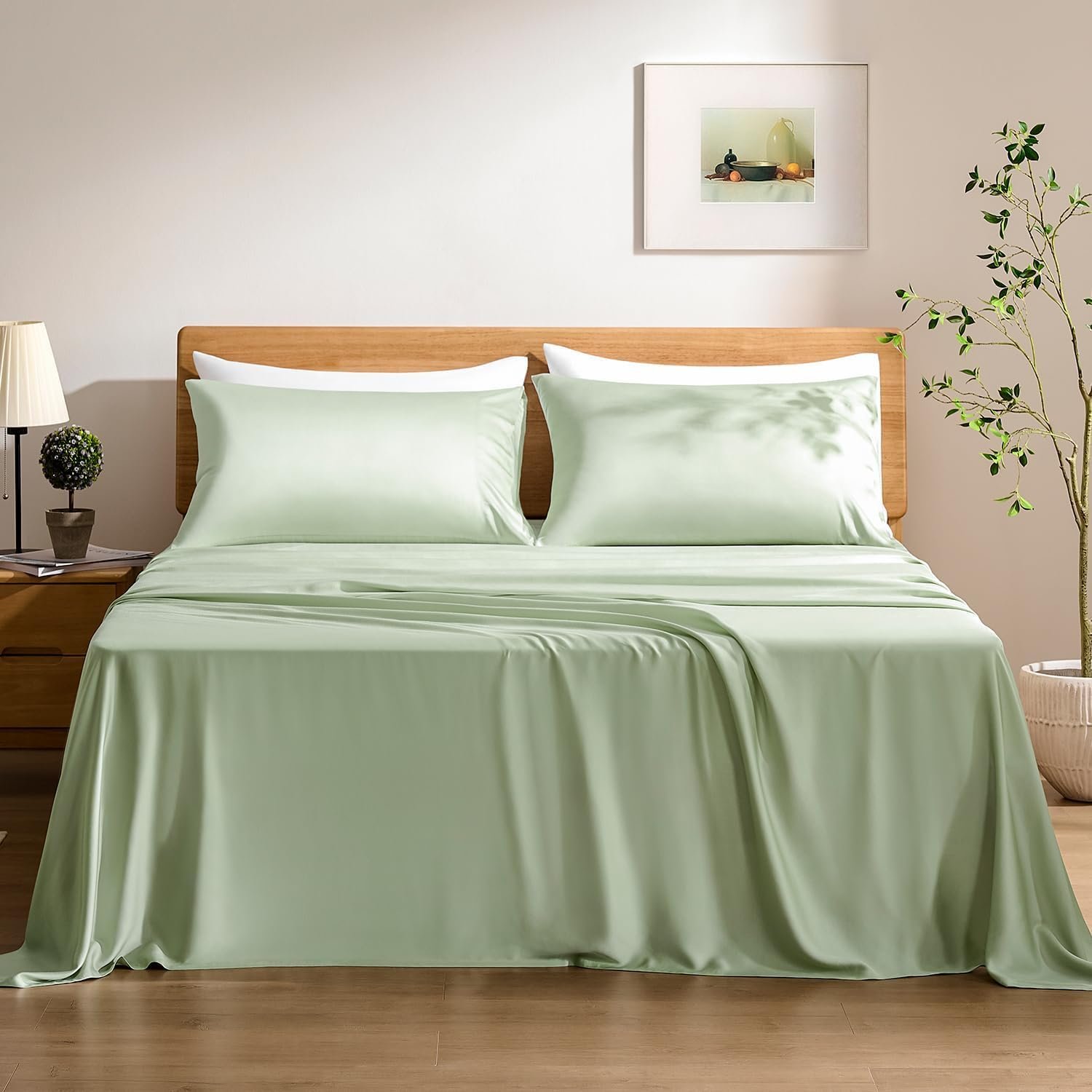 TOSMO Luxury Cooling Sheet Set | 100% Viscose from Organically Grown Bamboo | FSC® Certified | Queen Size | 18” Deep Pockets | Silky Soft Natural Bedding for Hot Sleeper [Tea Green]