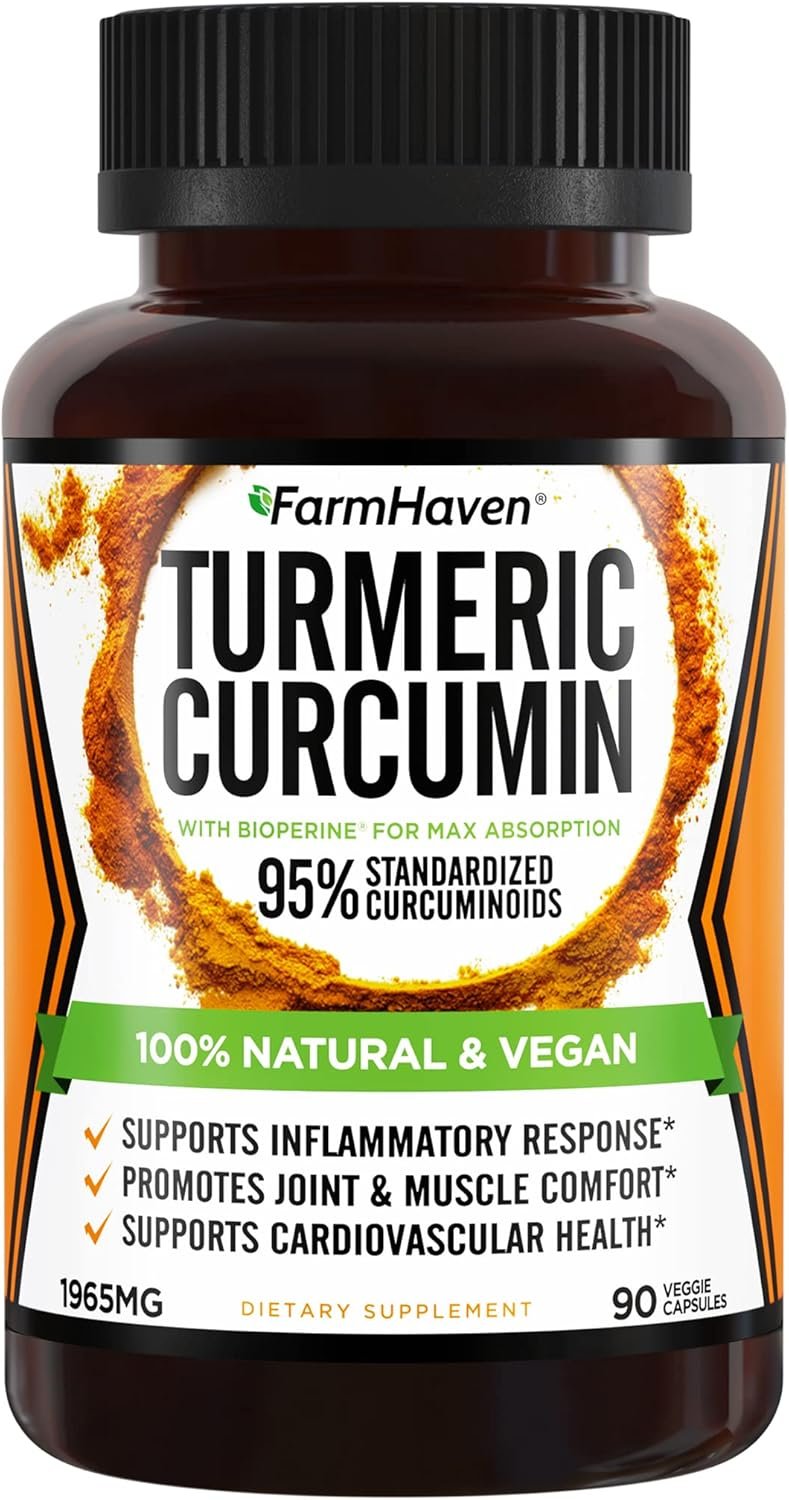 Turmeric Curcumin with BioPerine Black Pepper & 95% Curcuminoids, 1965mg, Maximum Absorption for Joint Support, Non-GMO Turmeric Capsules, Made in USA – 90 Veg Caps