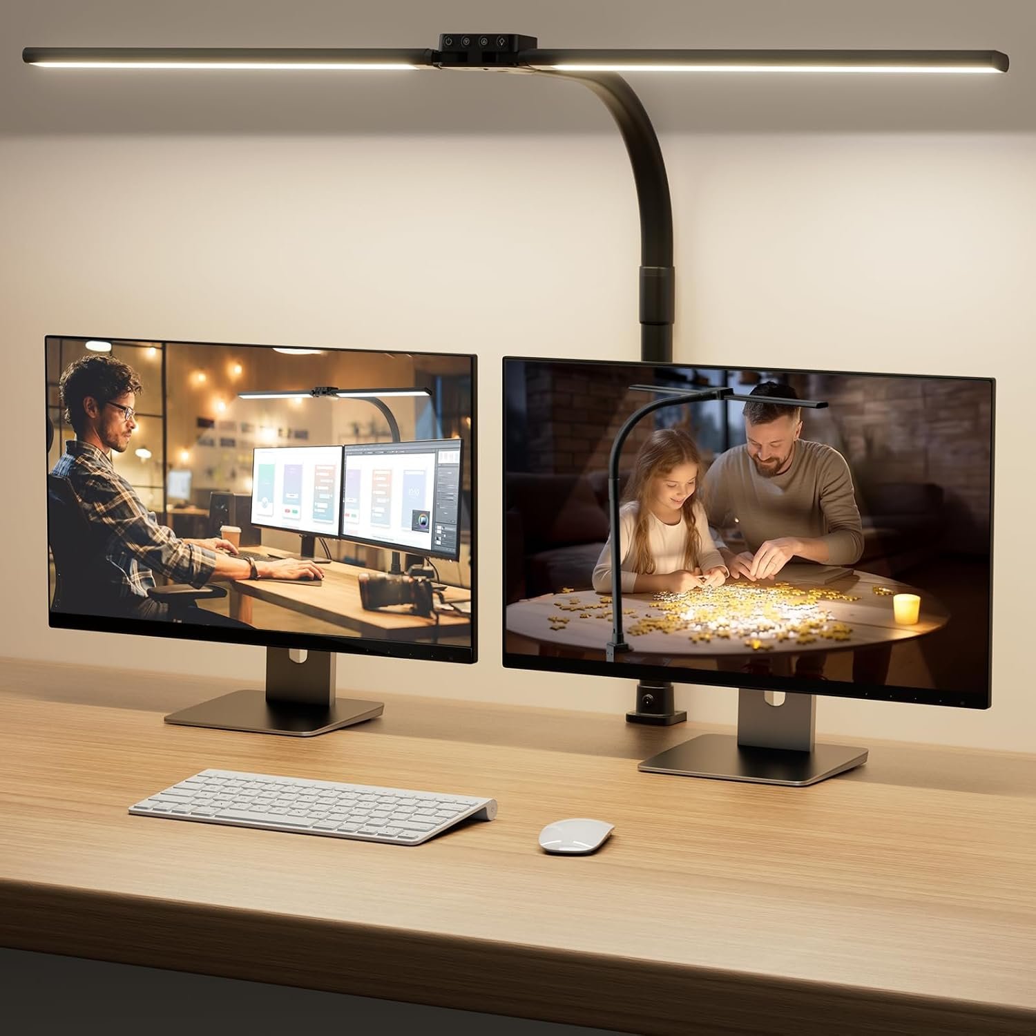 SIBRILLE LED Desk Lamp for Home Office – Dimmable Computer Desk Light with Clamp, Modern Architect Task Lamp with Color Changing, Flexible Desktop Lamp with Gooseneck for Monitor, Double Head, Black
