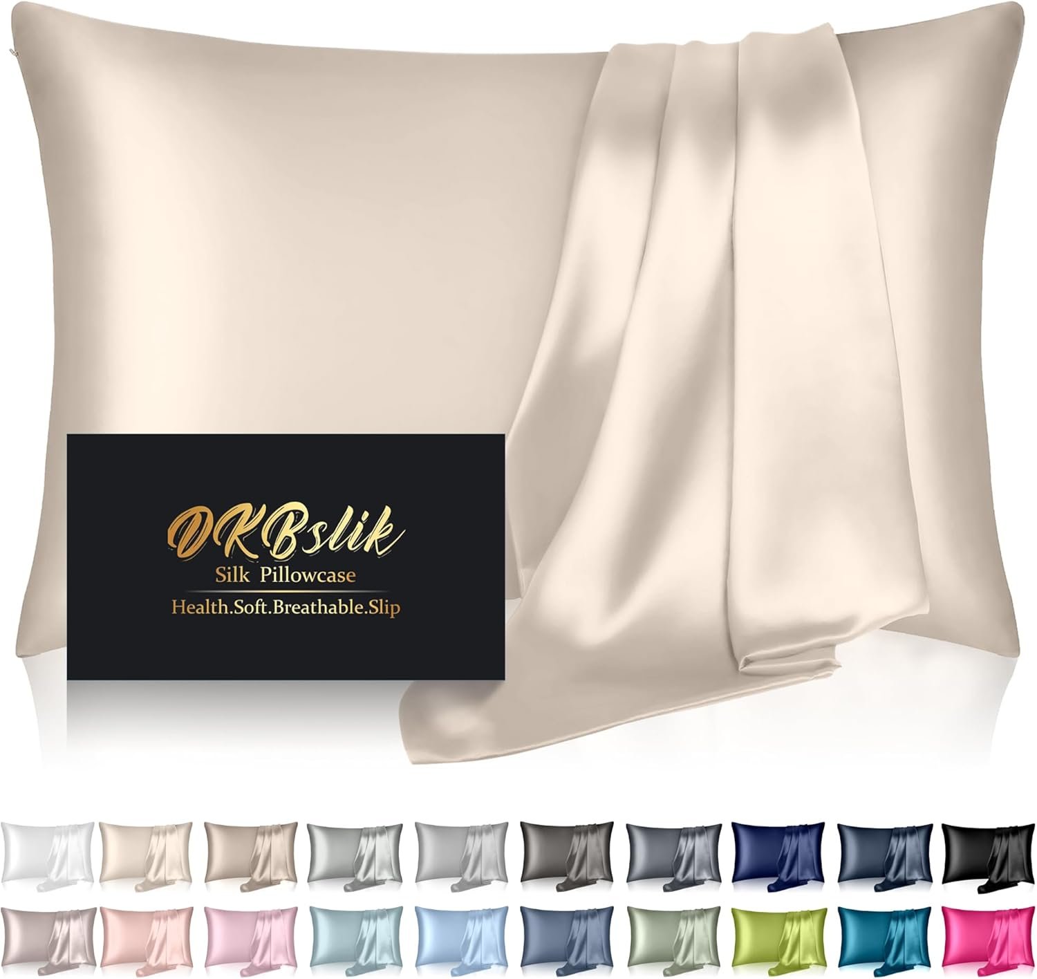 Silk Pillowcase for Hair and Skin, Mulberry Silk Pillow Cases Standard Size Anti Acne Cooling Beauty Sleep Both Sides Natural Silk Satin Pillow Covers with Hidden Zipper, Gifts for Women Men, Beige