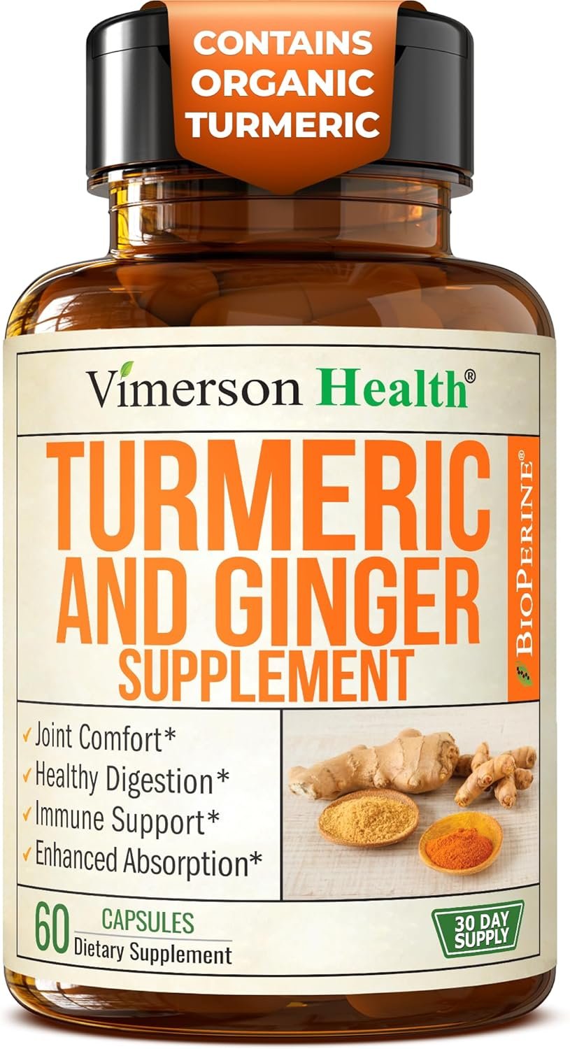 Turmeric and Ginger Supplement with Black Pepper for Joint Support, Digestive & Gut Health – Contains Organic Turmeric with Ginger Root Supplement and BioPerine for Enhanced Absorption – 60 Capsules