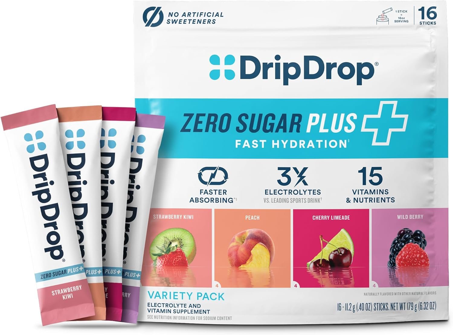 DripDrop Zero Sugar Plus – Sugar Free Hydration Packets – Single Serve Electrolytes Powder Drink Mix – Strawberry Kiwi, Peach, Cherry Limeade, Wild Berry – Non-GMO, Vegan – 16 Sticks