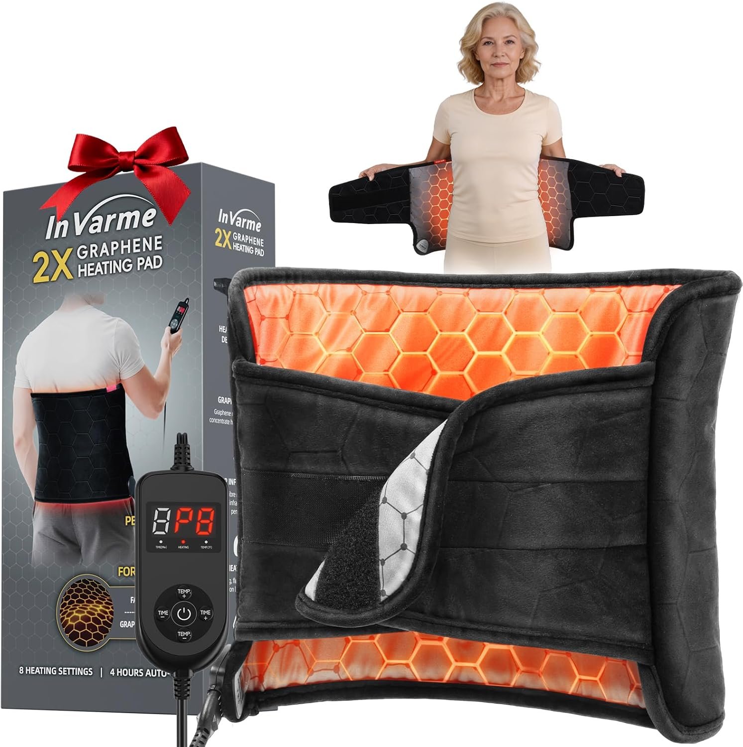 Hot Heating Pad for Back: 160℉ Extra Hot 3s Fast Heat Far Infrared Deep Penetration Muscle – Deeper Relief for Chronic Lower Back Pain for Women Men Elderly – 8 Temps 4H Auto Off Washable