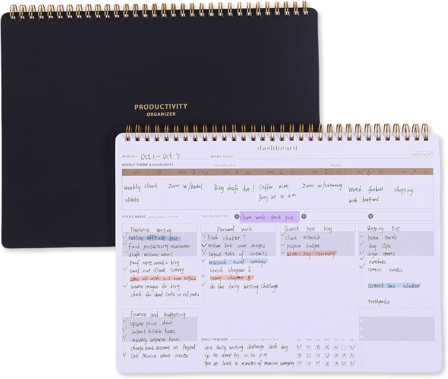 ZERONE CENTRE Productivity Weekly Planner – 54 Sheets Dashboard Spiral Deskpad Has 6 Focus Areas to List Tasks for Goals, Projects, Clients, Academic, or Shopping-Organize Your Daily Work Efficiently