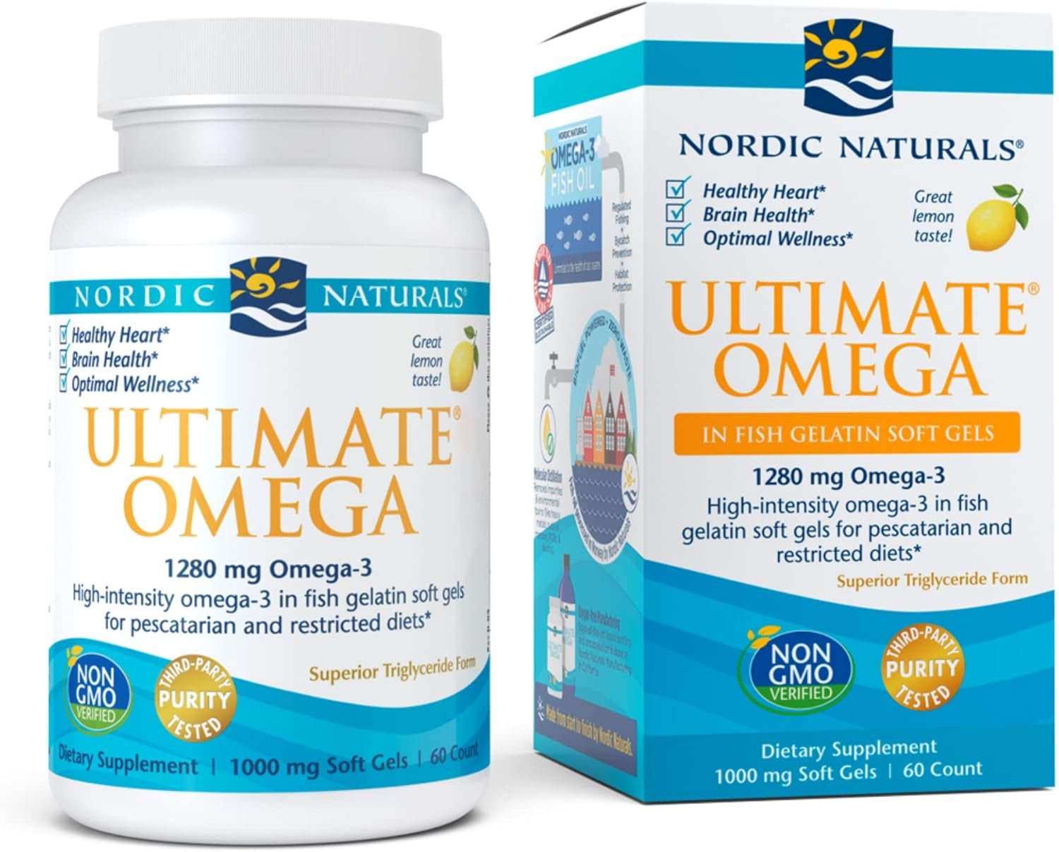 Nordic Naturals Ultimate Omega in Fish Gelatin, Lemon Flavor – 60 Soft Gels – 1280 mg Omega-3 – High-Potency Fish Oil Supplement – EPA & DHA – Promotes Brain & Heart Health – Non-GMO – 30 Servings