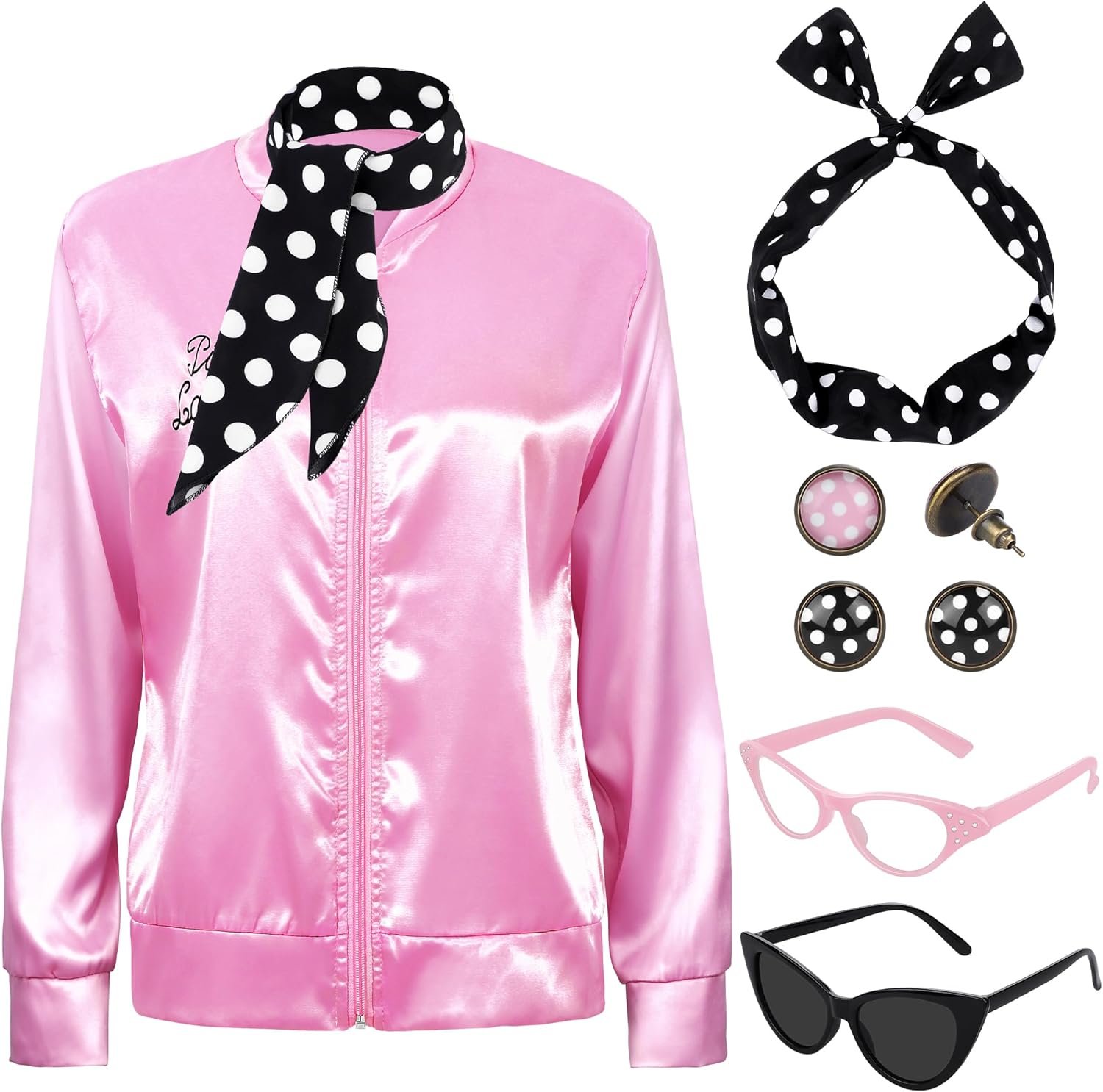 SOMSOC 1950s Pink Satin Jacket with Neck Scarf Headband Earrings Cat Eye Glasses Halloween Cosplay Costume Set for Women Girl
