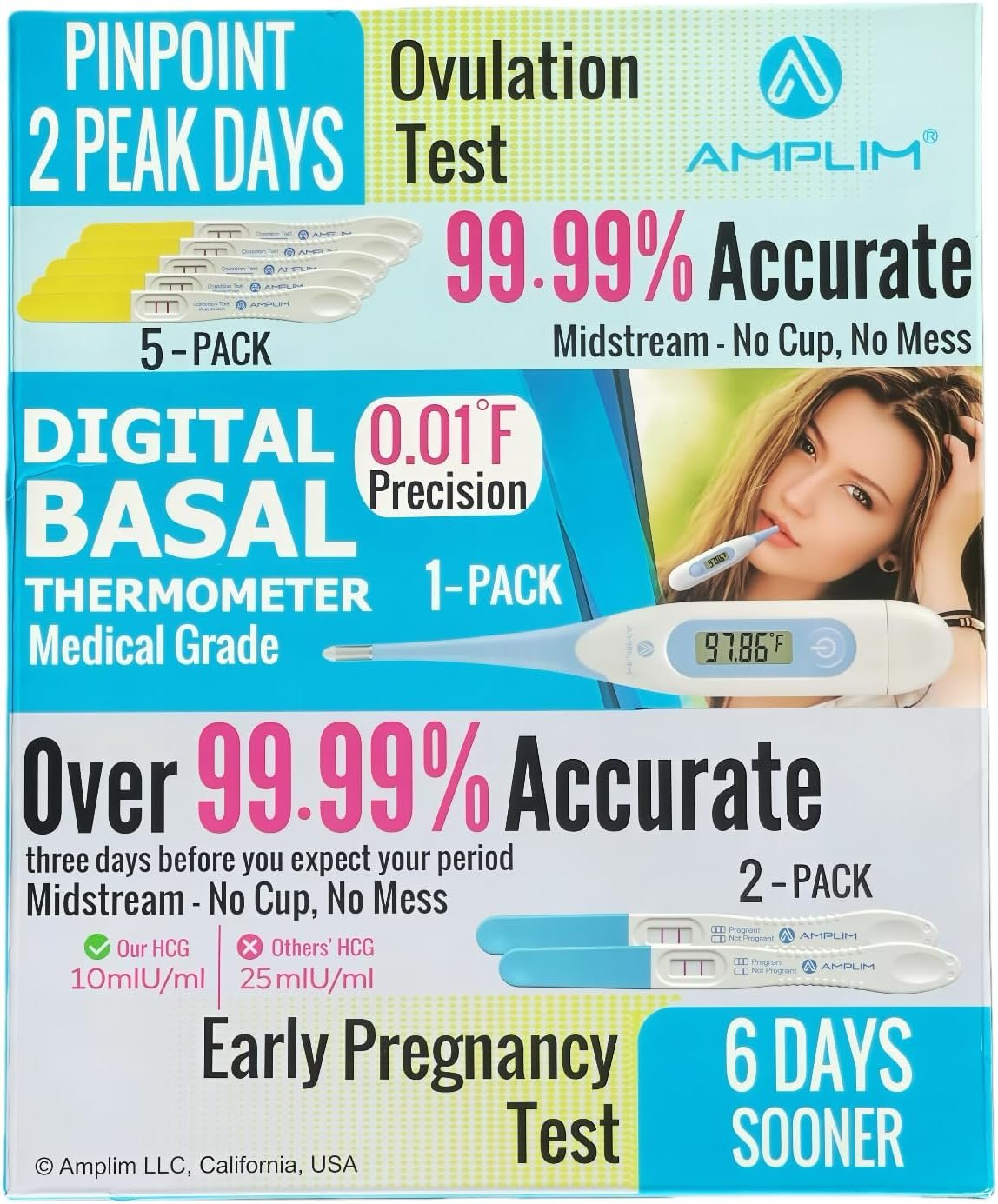 Amplim Ovulation Test Kit + Pregnancy Test Kit + Digital Basal Thermometer, 3-in-1 Fertility Kit for Women, LH Ovulation Predictor Kit & Early Pregnancy Test, Track Ovulation & Get Pregnant Faster
