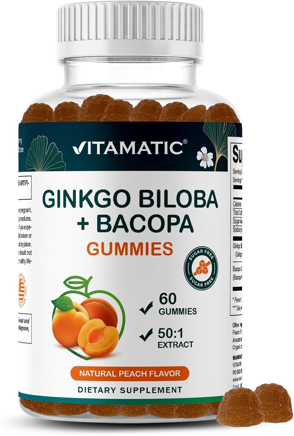 Vitamatic Ginkgo Biloba & Bacopa Gummies – Plant-Based Botanical Extract – Natural Peach Flavor – Vegan, Non-GMO, Gluten-Free – Herbal Supplement – 60 Count
