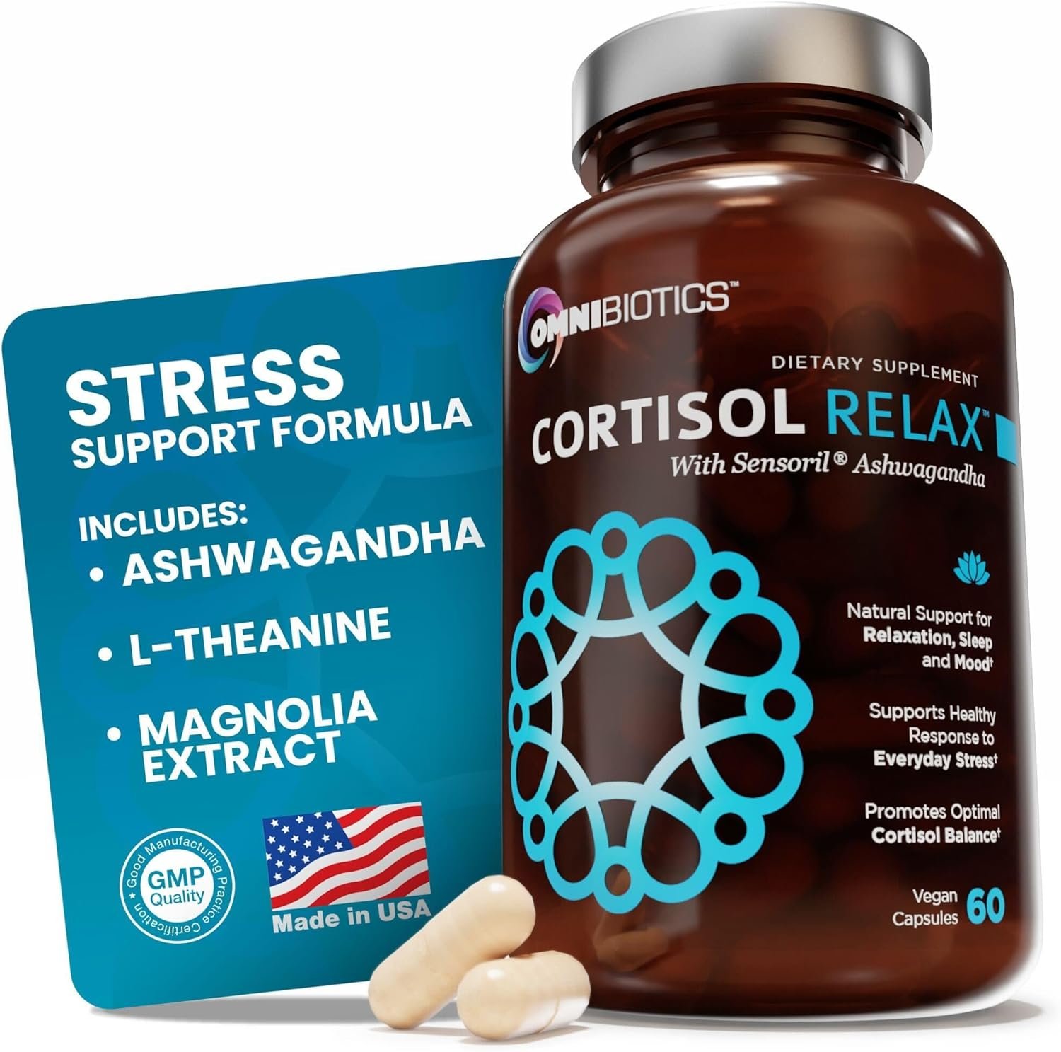 OmniBiotics Cortisol Supplement for Women and Men – High Cortisol Manager with Ashwagandha, L-Theanine, Magnolia Extract, Phosphatidylserine to Support Relaxation, Calm, Detox – 60 Vegan Capsules