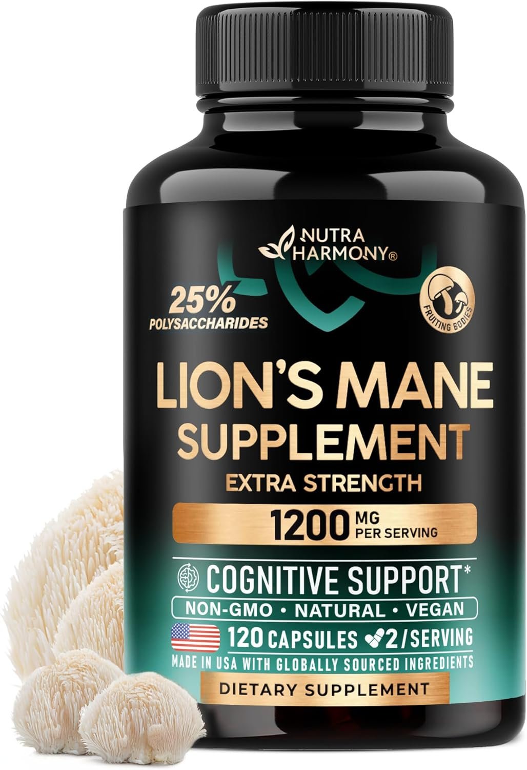 Lions Mane Supplement Capsules – Organic Lions Mane – Made in USA – Fruiting Bodies Extract – 1200 mg, 25% Polysaccharides – Memory & Focus Support – As Lions Powder – 120 Capsules, 2 Month Supply