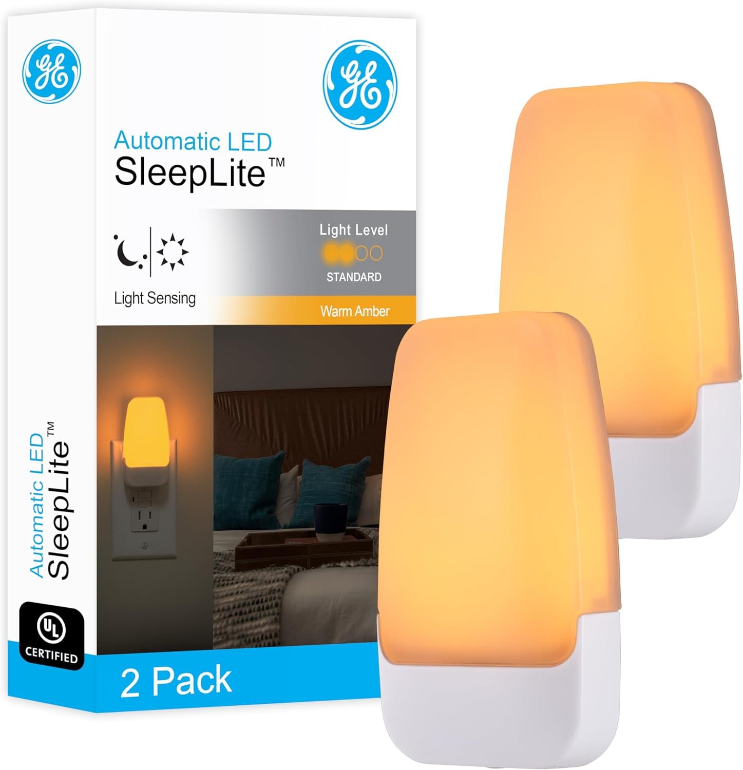 GE Sleeplite Night Lights Plug Into Wall, Dusk to Dawn Sensor, Ambient Lighting, Sleep Aid, Bathroom Décor, LED Lights for Bedroom, Apartment Essentials, Smart Home,76135, Amber, 2 Pack