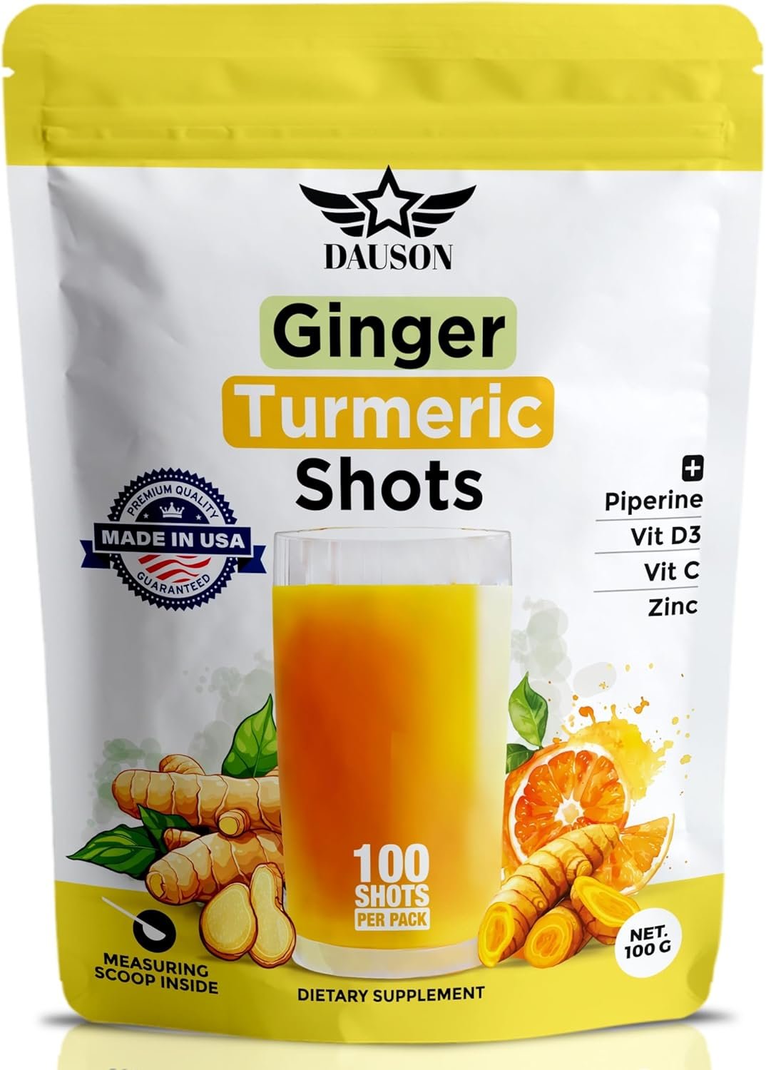 Ginger Turmeric Shots Boosted with Piperine, Vitamins, Zinc & Herbs | Helps in Joint Pain, Heart, Brain, Gut & Skin Health | Boosts Immunity & Energy | 100 Shots