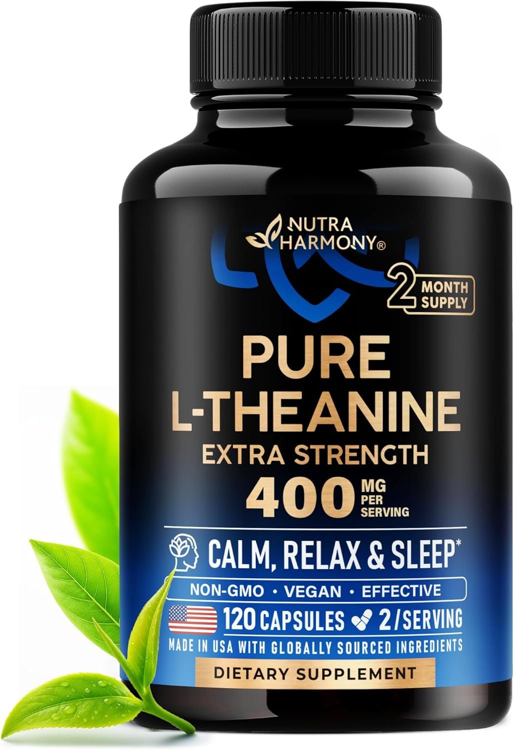 L Theanine 400 mg | L-Theanine Stress Relief | Extra Strength Supplement | Made in USA | Relaxation, Sleep & Calm Support | For Men & Women | Plant Based, Non-GMO & Gluten-Free | 120 Vegan Capsules