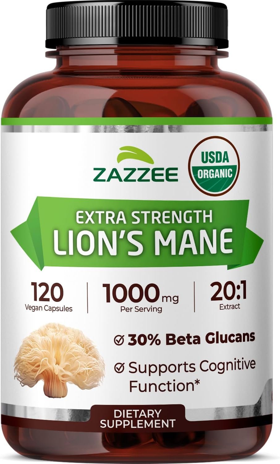 Zazzee USDA Organic Lion’s Mane 20:1 Extract, 1000 mg Per Serving, 30% Beta Glucans, 120 Vegan Capsules, Nootropic for Brain Health, Focus, Memory & Immune Support, All-Natural, Non-GMO, Made in USA