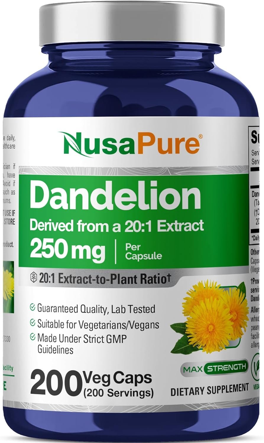 NusaPure Dandelion Root, 250 mg, 200 Veg Capsules (Non-GMO, Vegan)