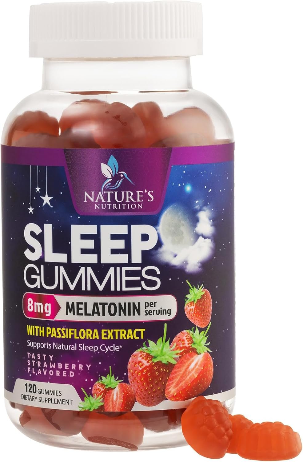 Sleep Gummies – 8mg Melatonin Per Serving – With Passiflora Extract for Restful Sleep – Fast Acting Melatonin Sleep Gummy Supplement for Adults, Vegan, Non-GMO, Tasty Strawberry Flavor – 120 Gummies