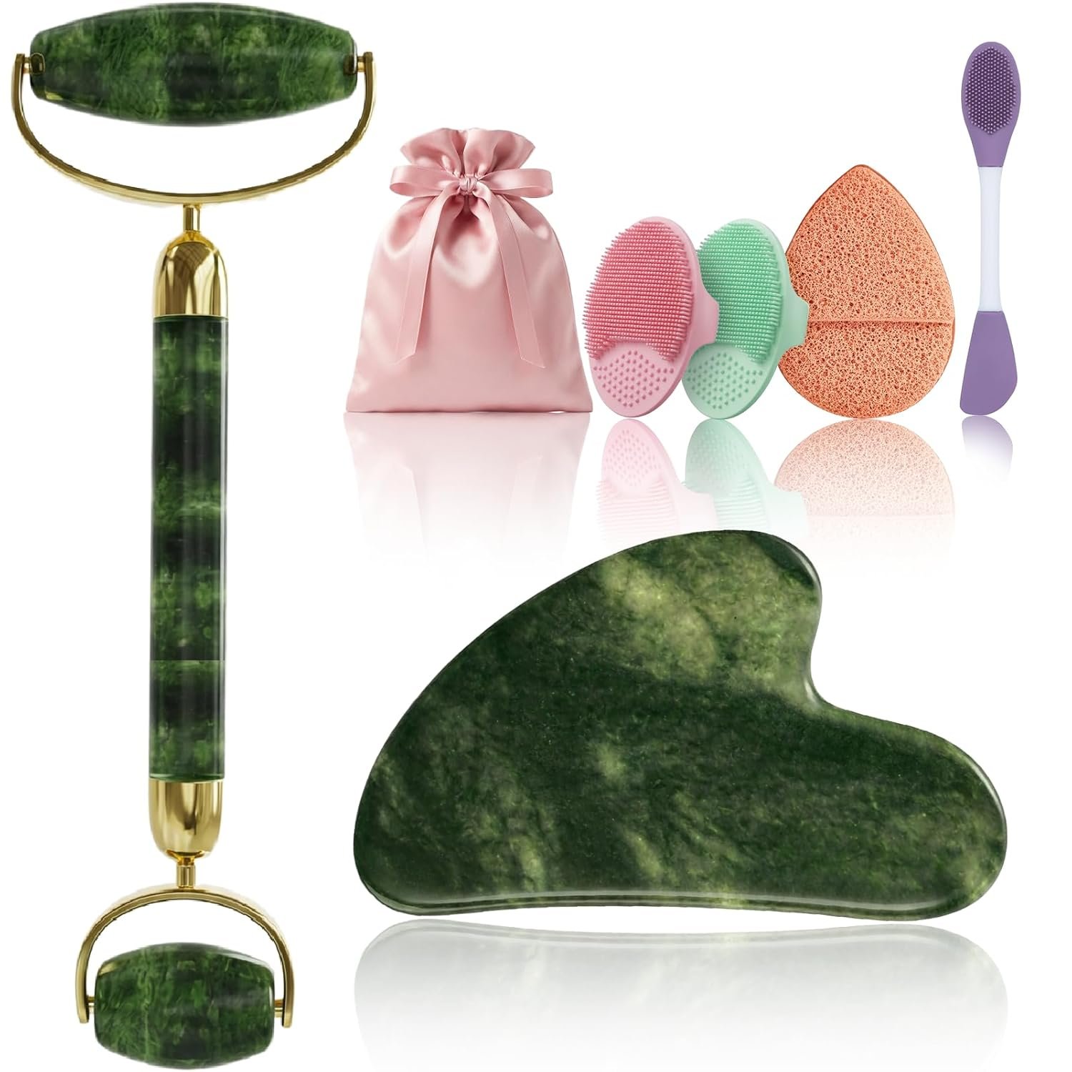 Rena Chris Gua Sha and Face Roller Set – 7 in 1 Face Skin Care Tools with Facial Cleansing Brush, 2 Silicone Scrubber Pads & Face Sponge, Travel Bag, Beauty Gift for Women