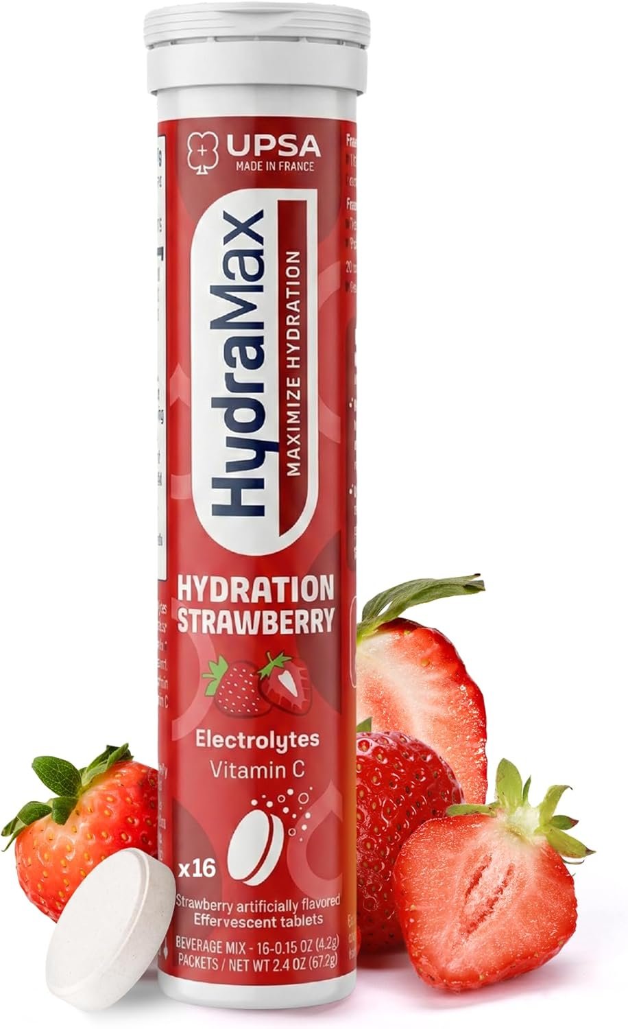 Upsa HydraMax Daily Electrolyte Hydration Tablets – Natural Strawberry Effervescent Hydrating Supplement with 4 Essential Electrolyte & Vitamin C Daily Hydration Mix Support for Fluid Balance 16 Count