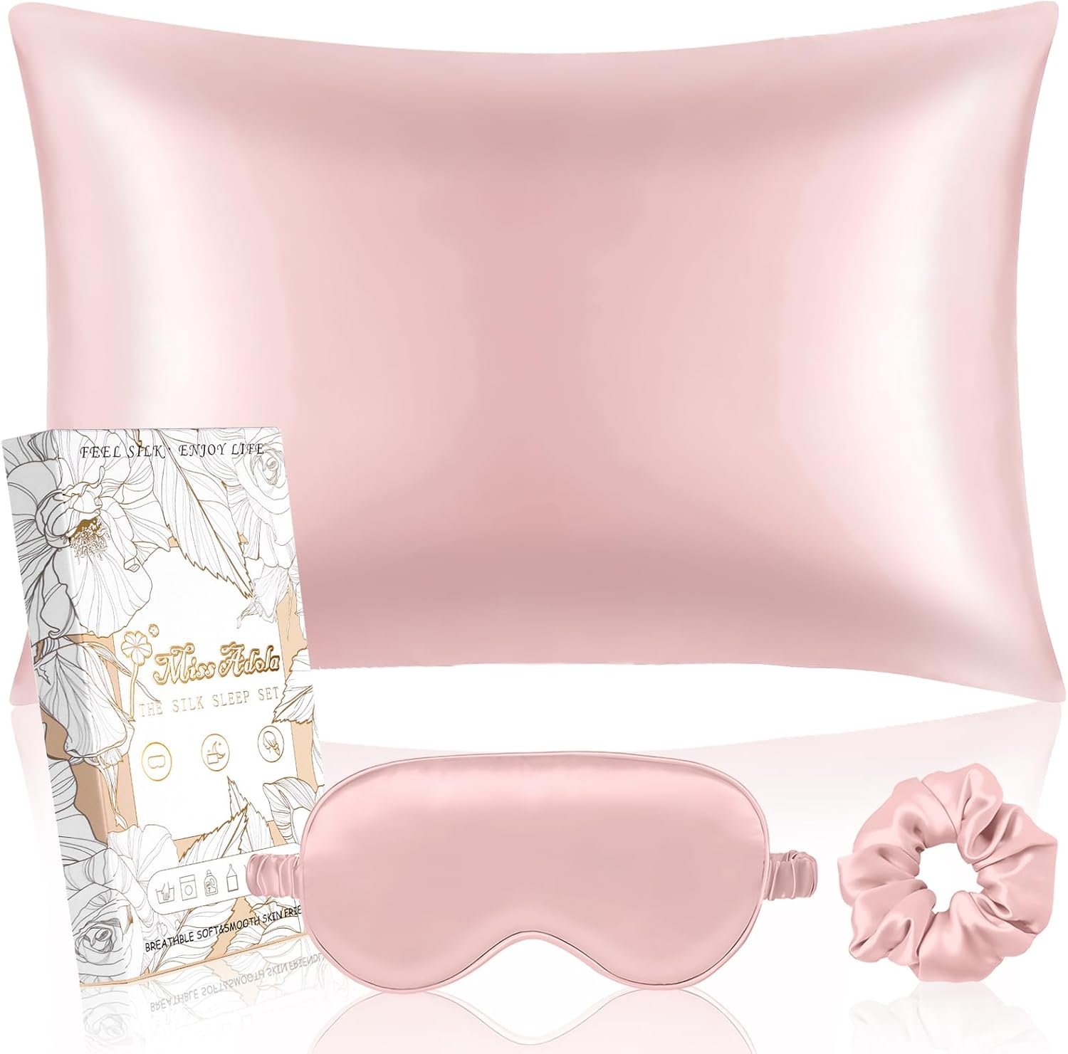 Miss Adola 1Pack Mulberry Silk Pillow Case for Hair and Skin Standard 26″x20″ Silk Pillowcase with Eye Mask & Scrunchie Soft Silk Pillowcase Sleeping for Women, Wife, Female – Blush Pk