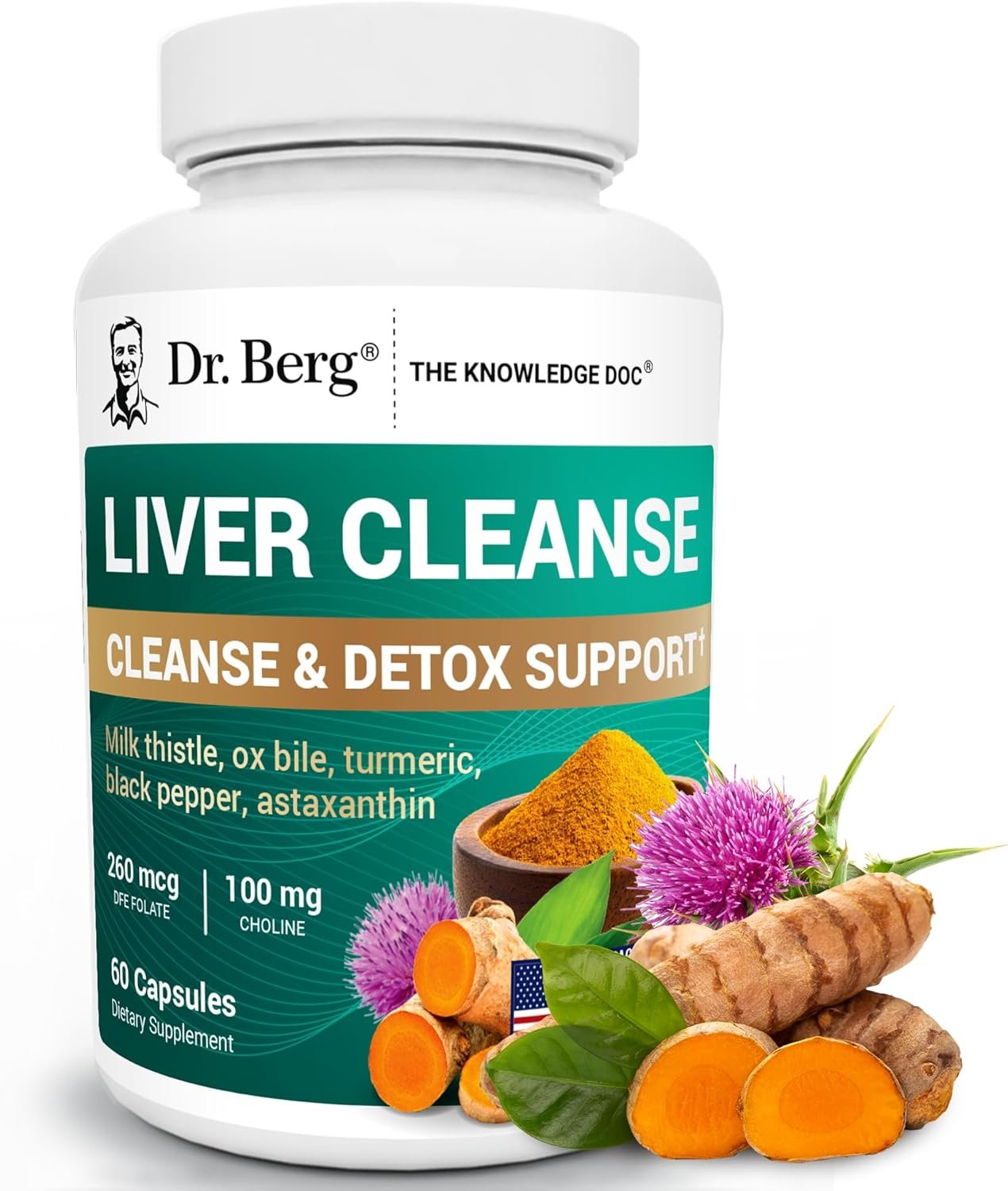 Dr. Berg Liver Cleanse Detox Capsules w/Unique Blend of Milk Thistle, Ox Bile & Folate – Liver Supplement Includes Turmeric, Black Pepper & Choline – 60 Capsules