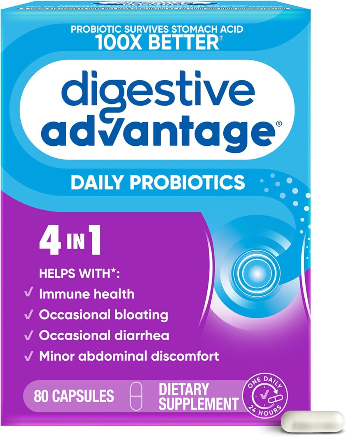 Digestive Advantage Probiotics for Digestive Health, Daily Probiotics for Women & Men, Support for Occasional Bloating, Minor Abdominal Discomfort & Gut Health, 80ct Capsules