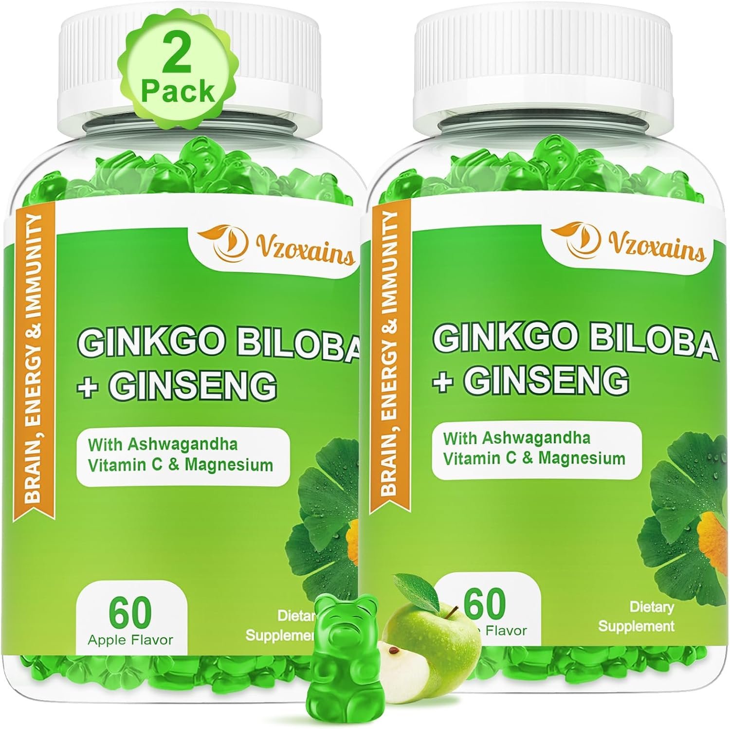 2 Packs 240mg Ginkgo Biloba Gummies, Supports Healthy Brain Function, Mood and Memory Support for Adults, 120 Cts