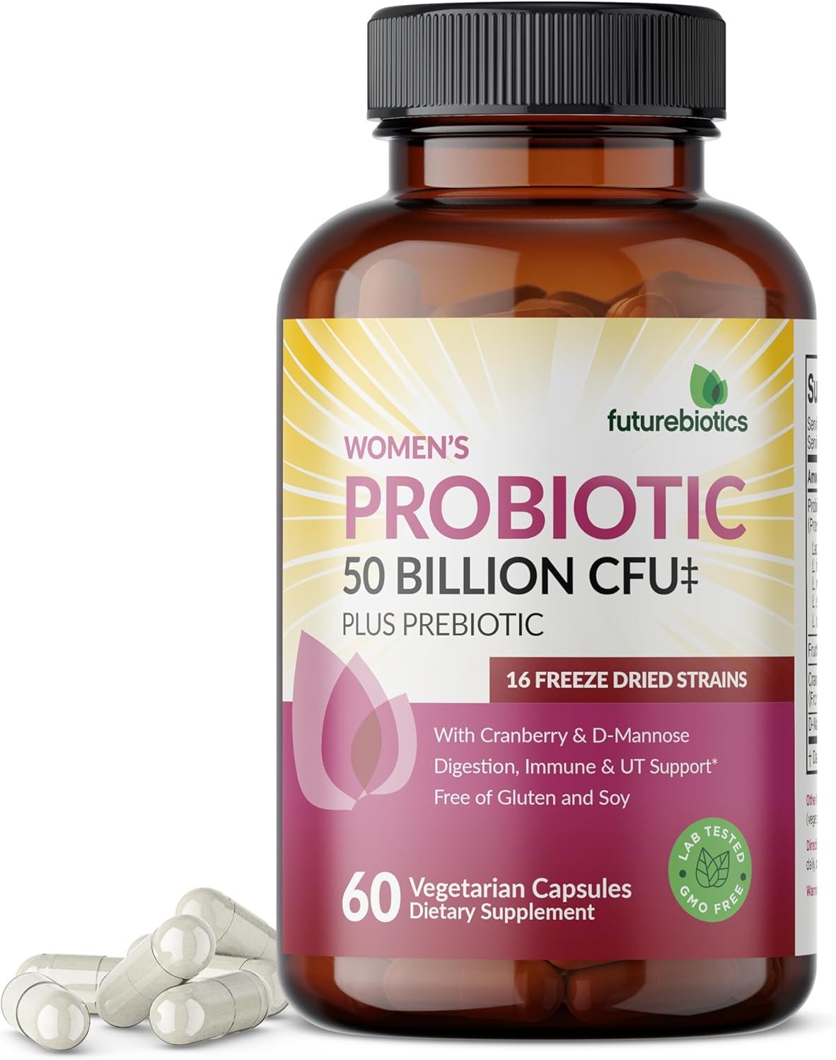 Futurebiotics Women’s Probiotic 50 Billion CFU + Prebiotic with Cranberry & D-Mannose – Digestion Immune and Urinary Tract Support, Non-GMO, 60 Vegetarian Capsules