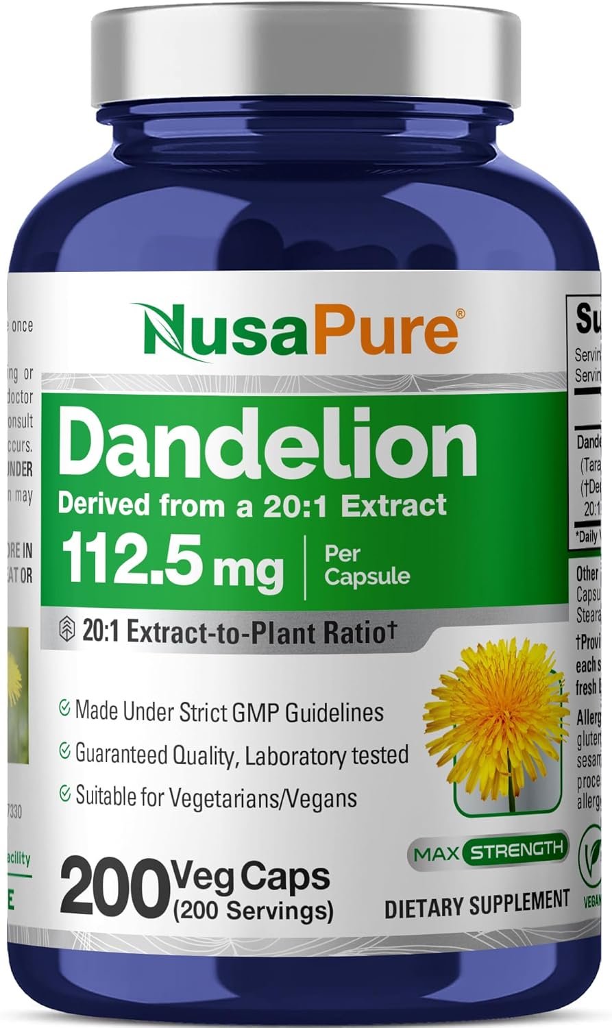 NusaPure Dandelion Root Capsules, 112.5 mg, 200 Veg Capsules (Non-GMO, Vegan)