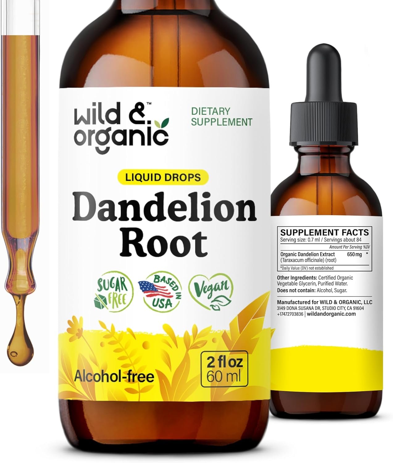 Wild & Organic Dandelion Root Supplement – Liver Detox Cleanse Support – Dandelion Root Tincture – Add to Tea – Herbal Liver Supplement – Vegan, Sugar & Alcohol-Free Liquid Extract Drops – 2 fl oz
