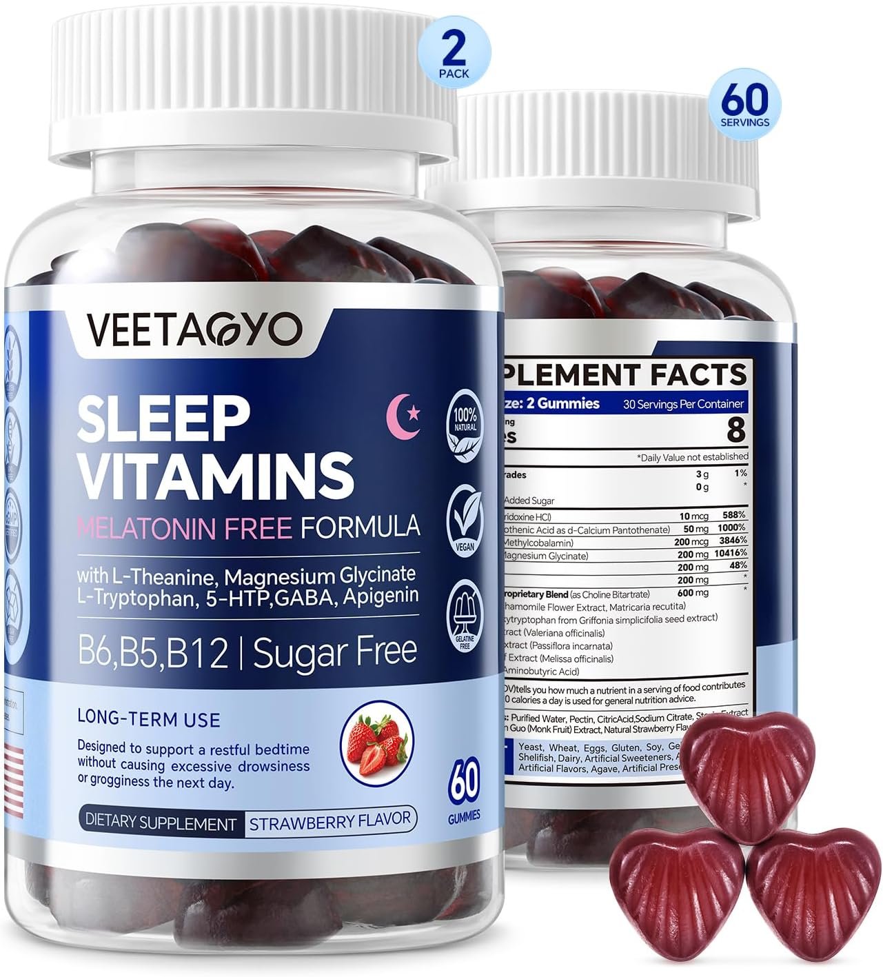 VEETAGYO Melatonin Free 5-HTP GABA Supplement Gummies for Adults & Kids 12+ with L-Theanine, Magnesium Glycinate, L-Tryptophan, Apigenin – Sugar Free, Strawberry Flavor, Vegan, 120 Count