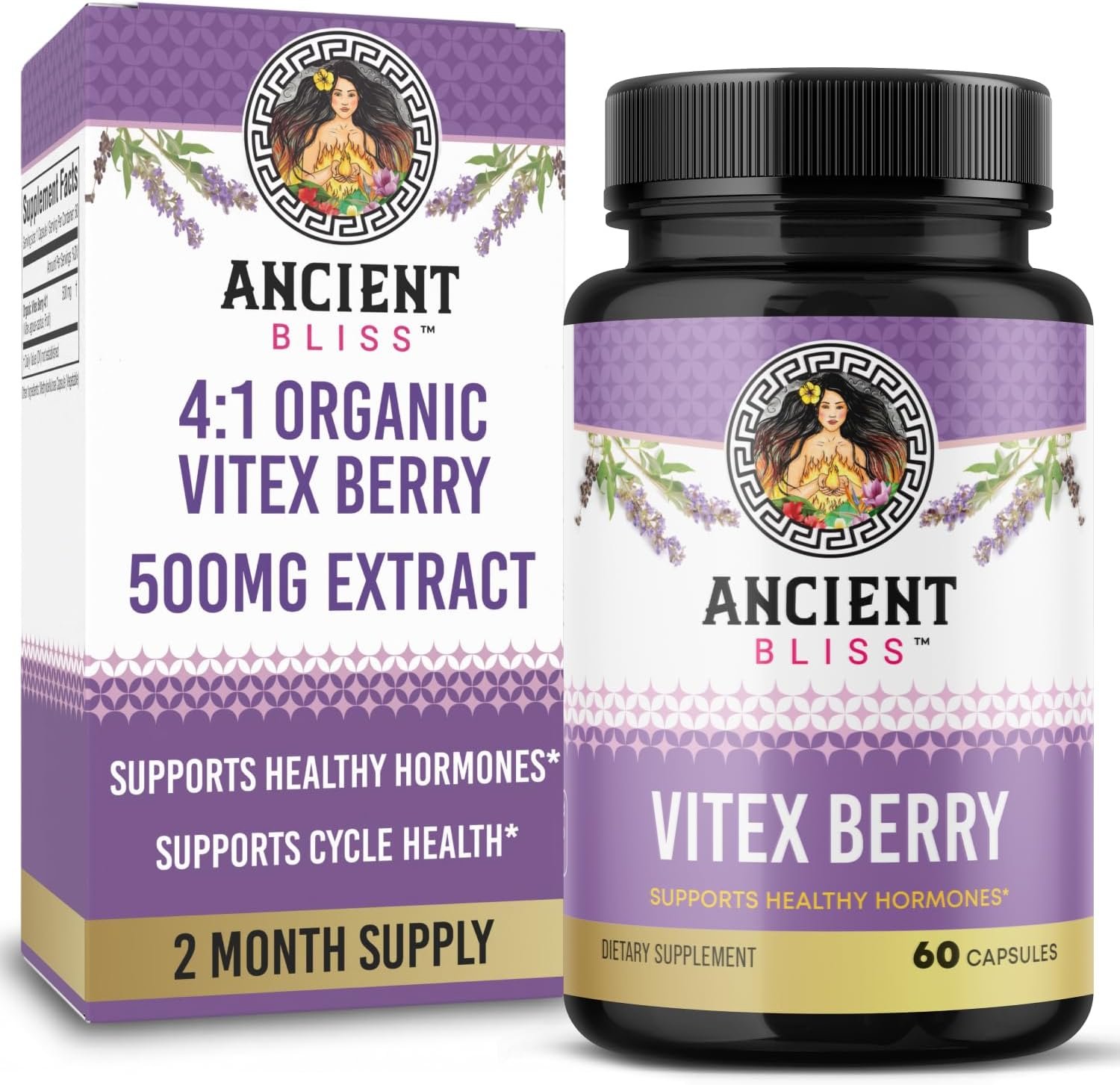 Ancient Bliss Vitex Chasteberry Supplement – Organic Vitex Agnus-Castus 4:1 Extract 500 mg – Supports Hormone Balance for Women, Cycle Health & Monthly Comfort Support – 60 Capsules