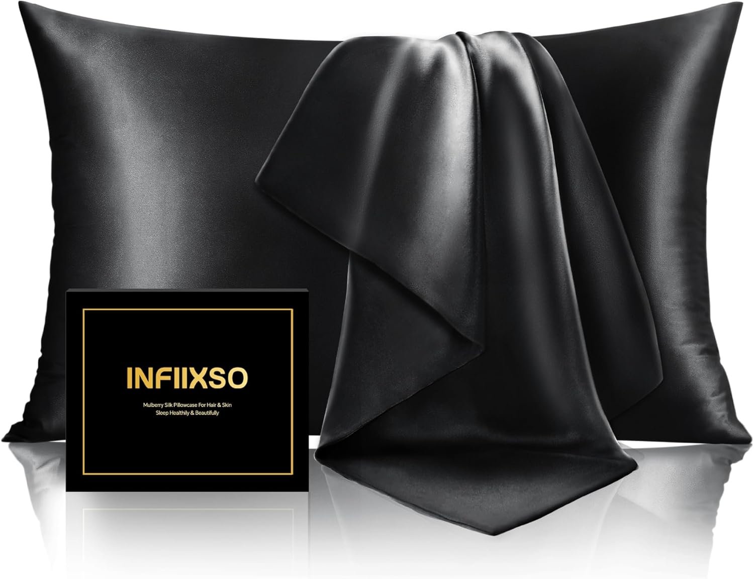 INFIIXSO Mulberry Silk Pillowcase for Hair and Skin, Silk Pillow Cases Standard Size with Hidden Zipper 20×26 Inches, Extraordinary Smooth and Soft Cooling Pillow Cases for Hot Sleepers(Black, 1 Pack)