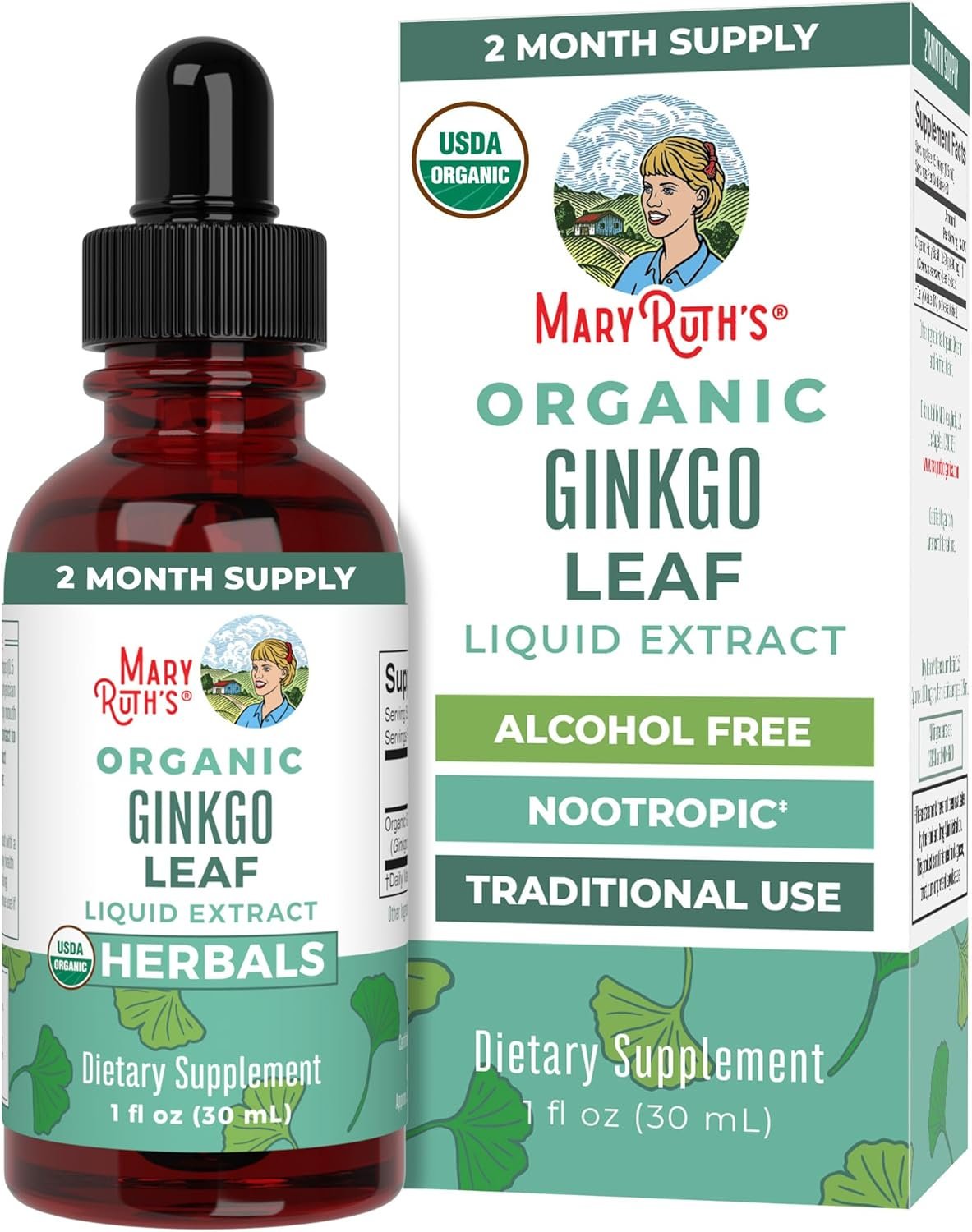 MARYRUTH’S Organics Ginkgo Leaf Liquid Drops | Herbal Supplement | Nootropic | Circulatory System & Nervous System Health | USDA Organic | Non-GMO | Vegan | 60 Servings