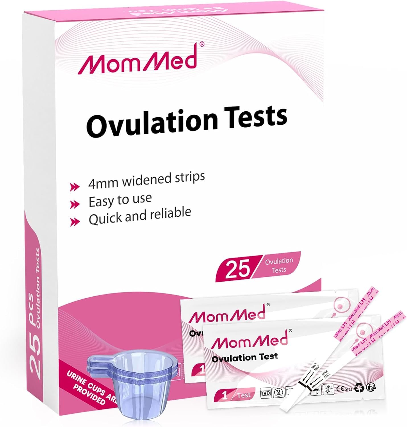 MomMed Ovulation Test Strips (LH25) with 25 Collection Cups, Reliable LH Surge Predictor OPK Kit, Accurately Track Ovulation Test, High Sensitivity Result for Women Home Testing, Pink